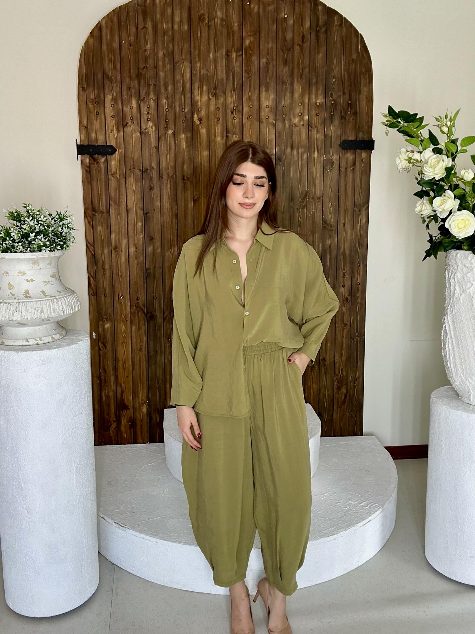 Premium Seri Trikoton Kumaş Beli Lastikli Rahat Pantolon Gömlek İkili Takım Yağ Yeşili