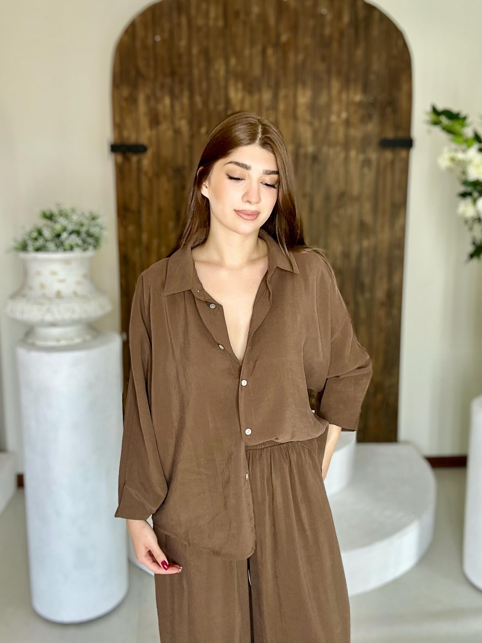 Premium Seri Trikoton Kumaş Beli Lastikli Rahat Pantolon Gömlek İkili Takım Kahverengi