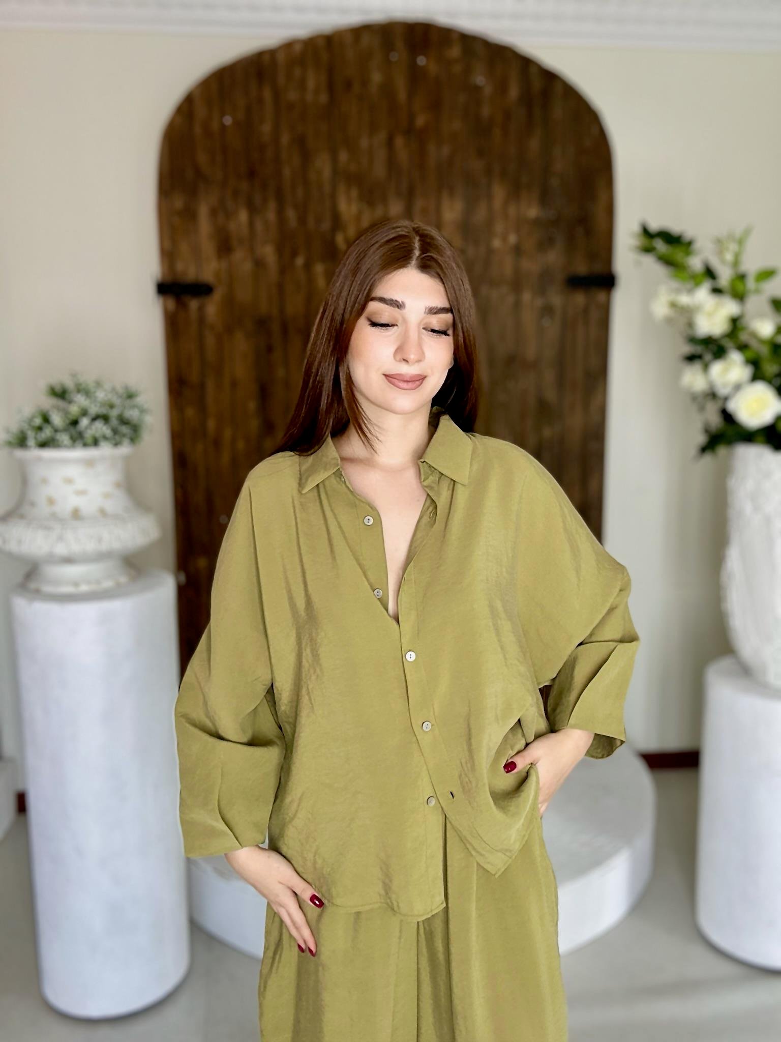 Premium Seri Trikoton Kumaş Beli Lastikli Rahat Pantolon Gömlek İkili Takım Yağ Yeşili
