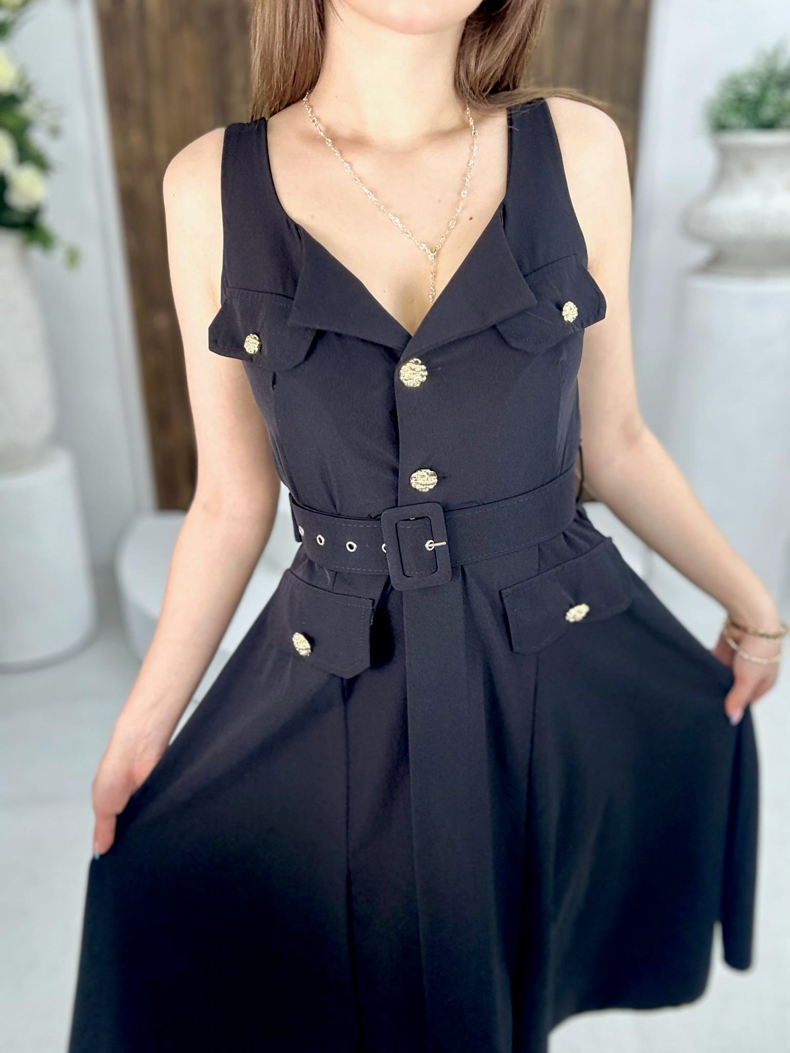 Premium Seri Trikoton Kumaş Kemerli Gold Düğmeli Midi Elbise 