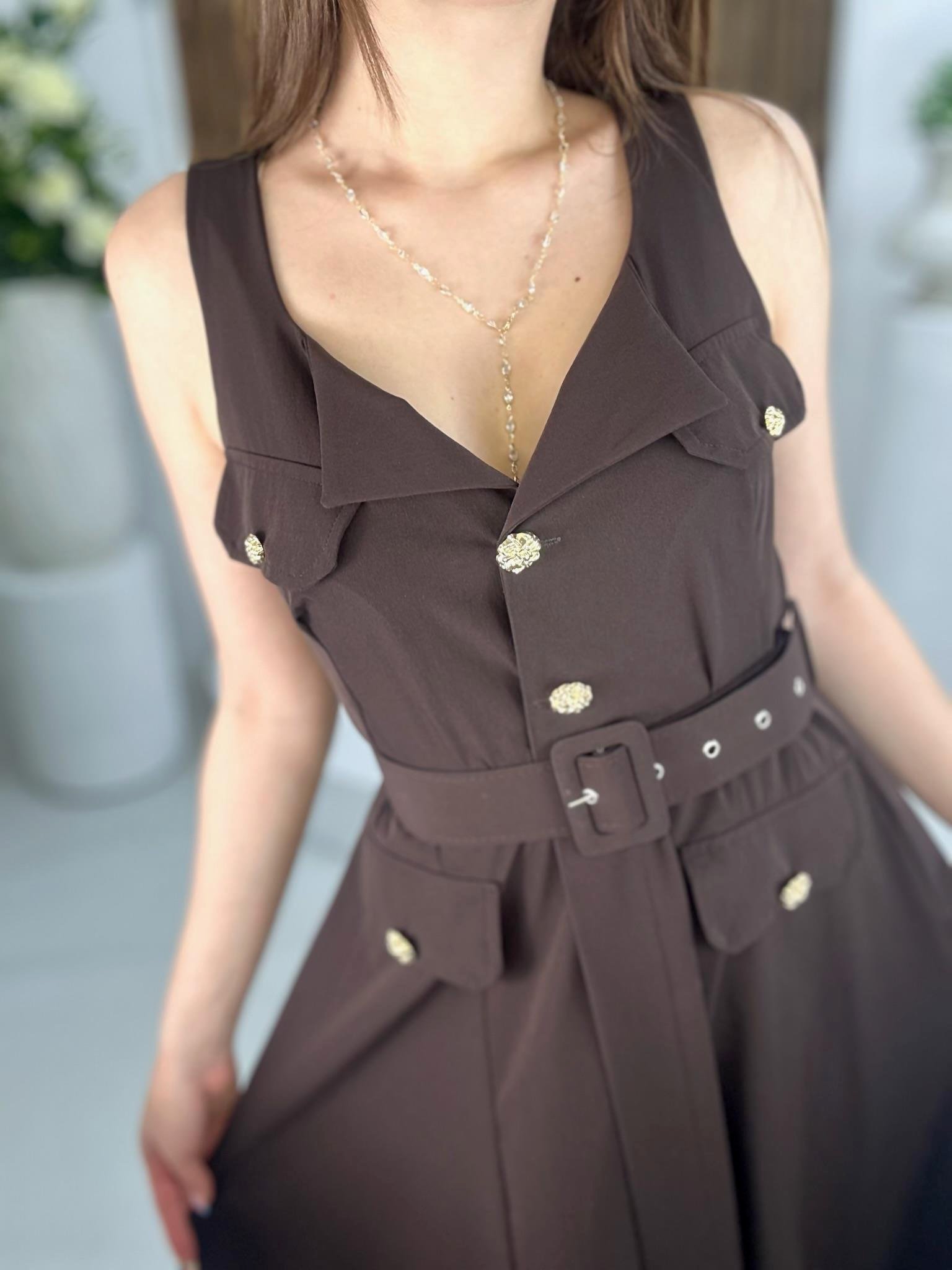 Premium Seri Trikoton Kumaş Kemerli Gold Düğmeli Midi Elbise Kahverengi