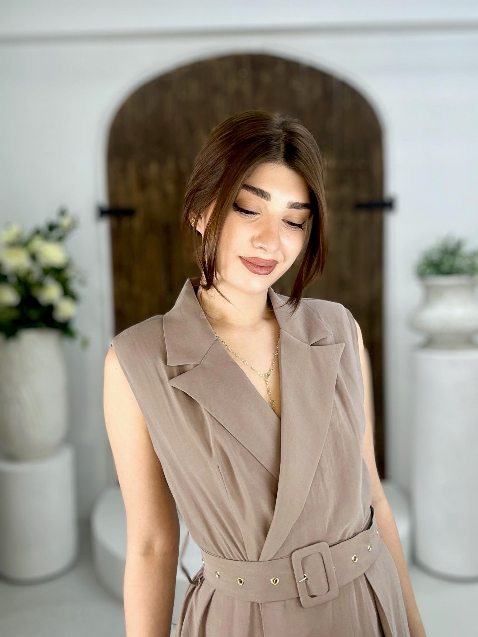 Premium Seri Trikoton Kumaş Kemerli Midi Boy Gömlek Elbise Vizon 