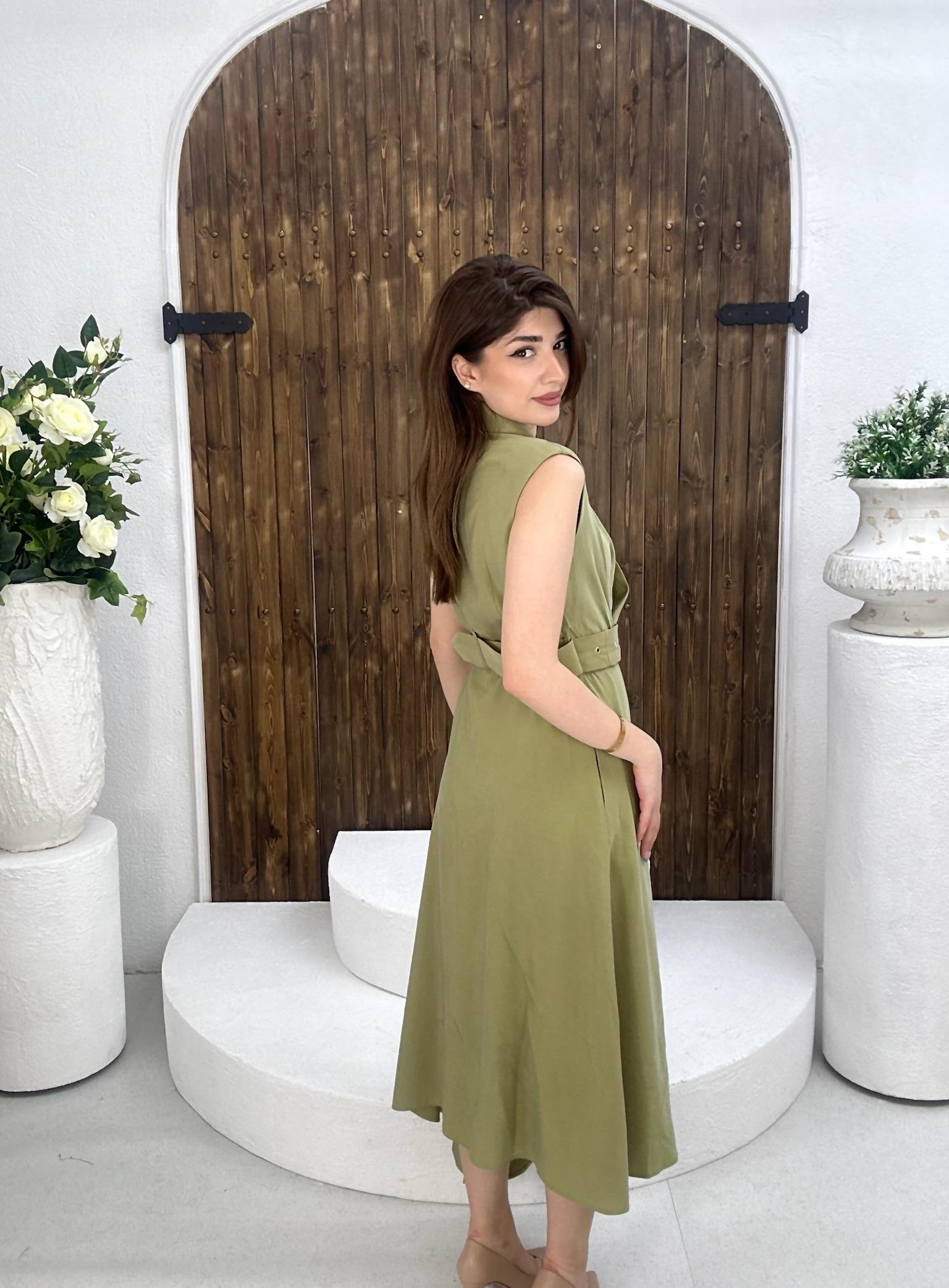 Premium Seri Trikoton Kumaş Kemerli Midi Boy Gömlek Elbise Haki