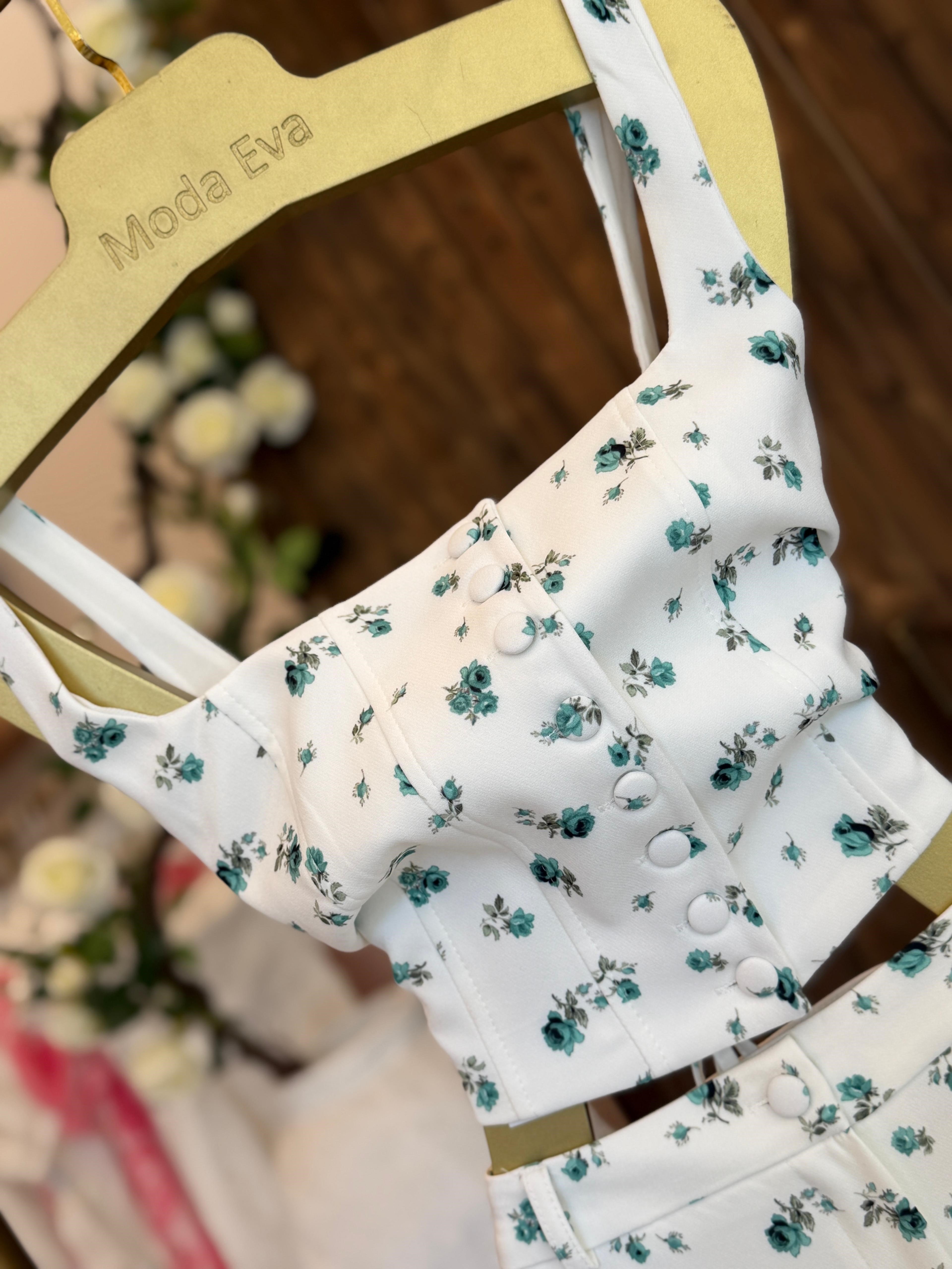 Premium Series Atlas Kumaş Çiçek Desenli Pantolon Crop İkili Takım Yeşil