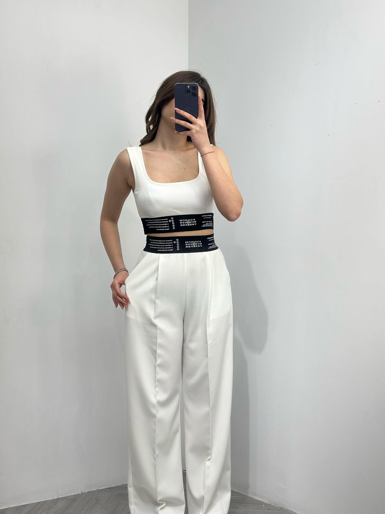 Premium Series Beli Kalın Lastikli Beyaz Palazzo Pantolon 