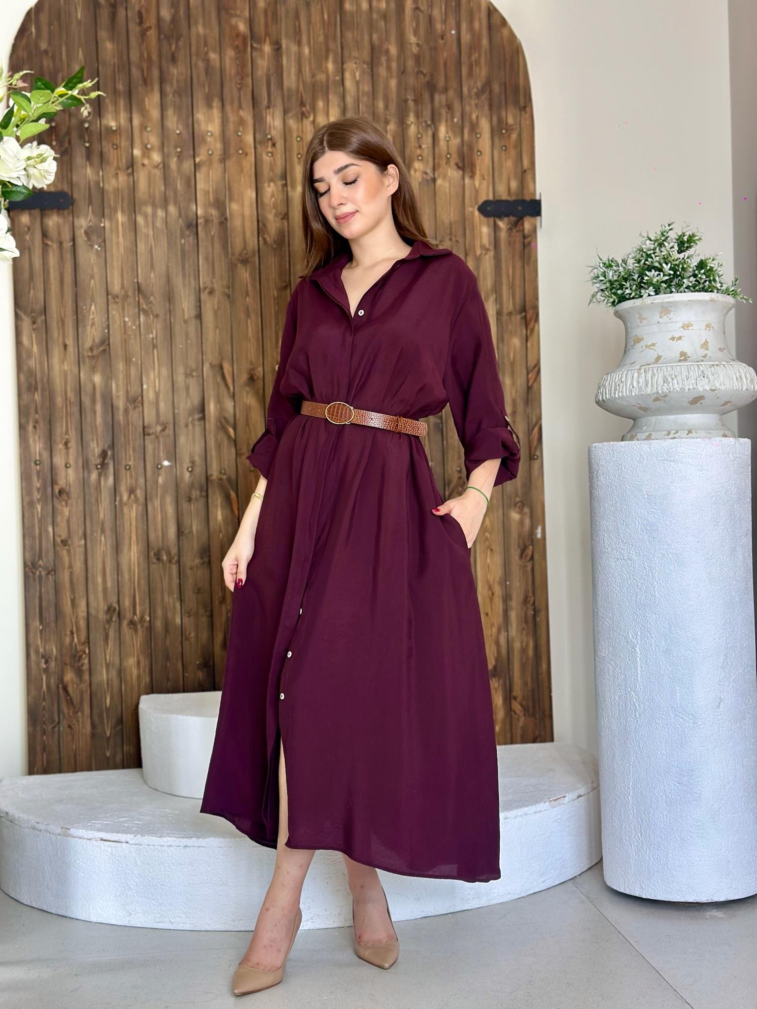 Premium Series Trikoton Kumaş Kemerli Uzun Gömlek Elbise Mürdüm