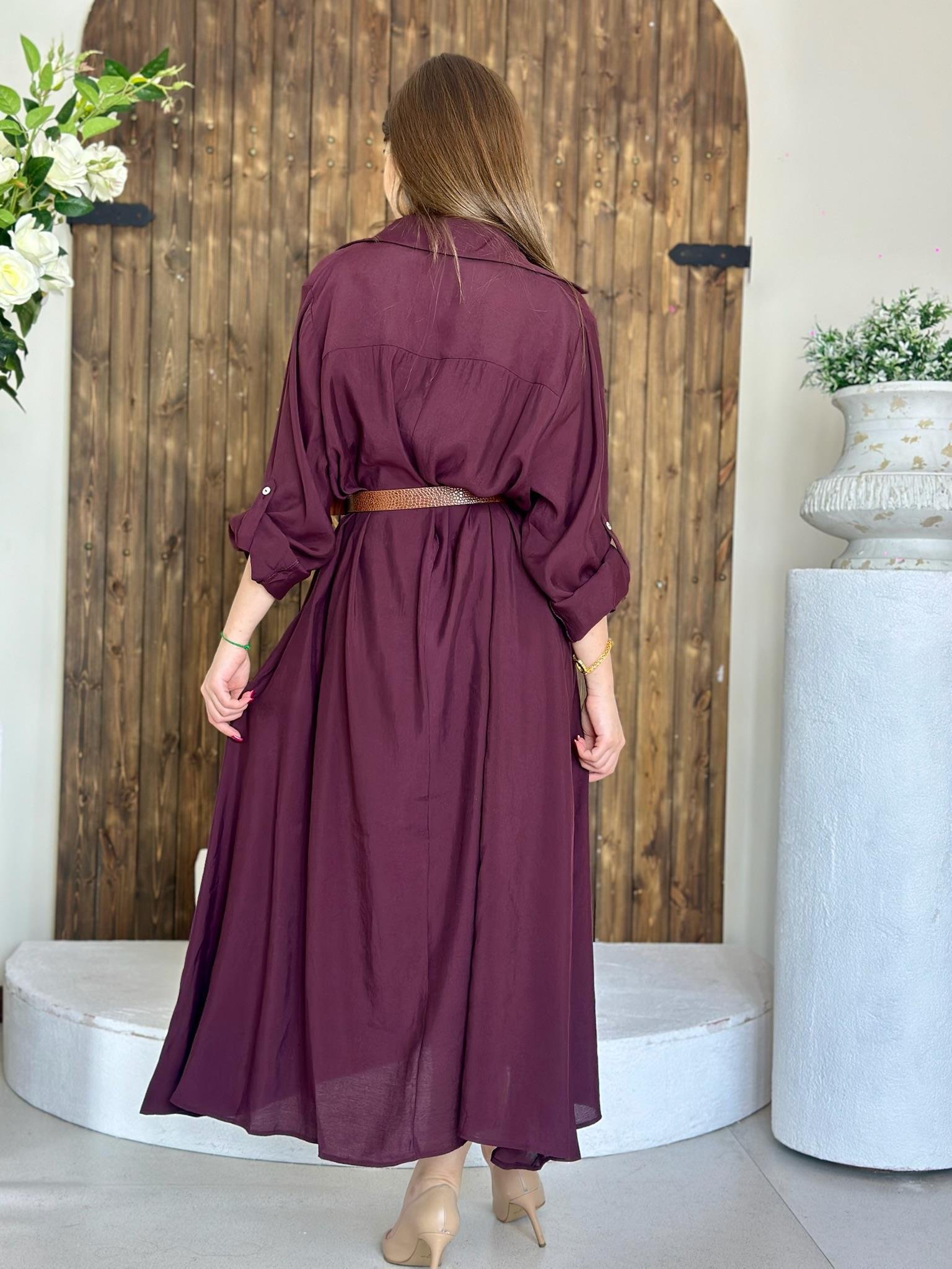 Premium Series Trikoton Kumaş Kemerli Uzun Gömlek Elbise Mürdüm