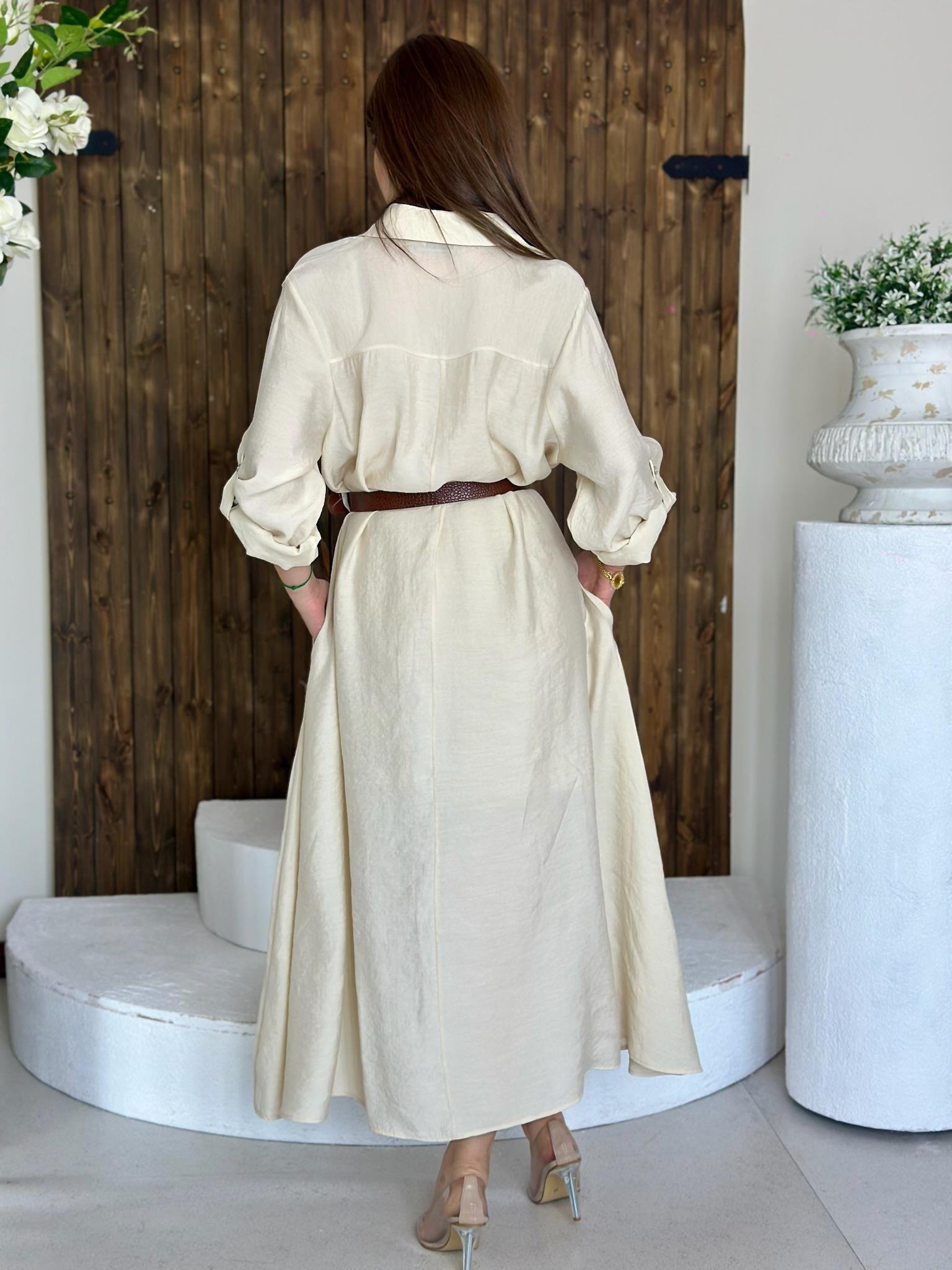 Premium Series Trikoton Kumaş Kemerli Uzun Gömlek Elbise Krem