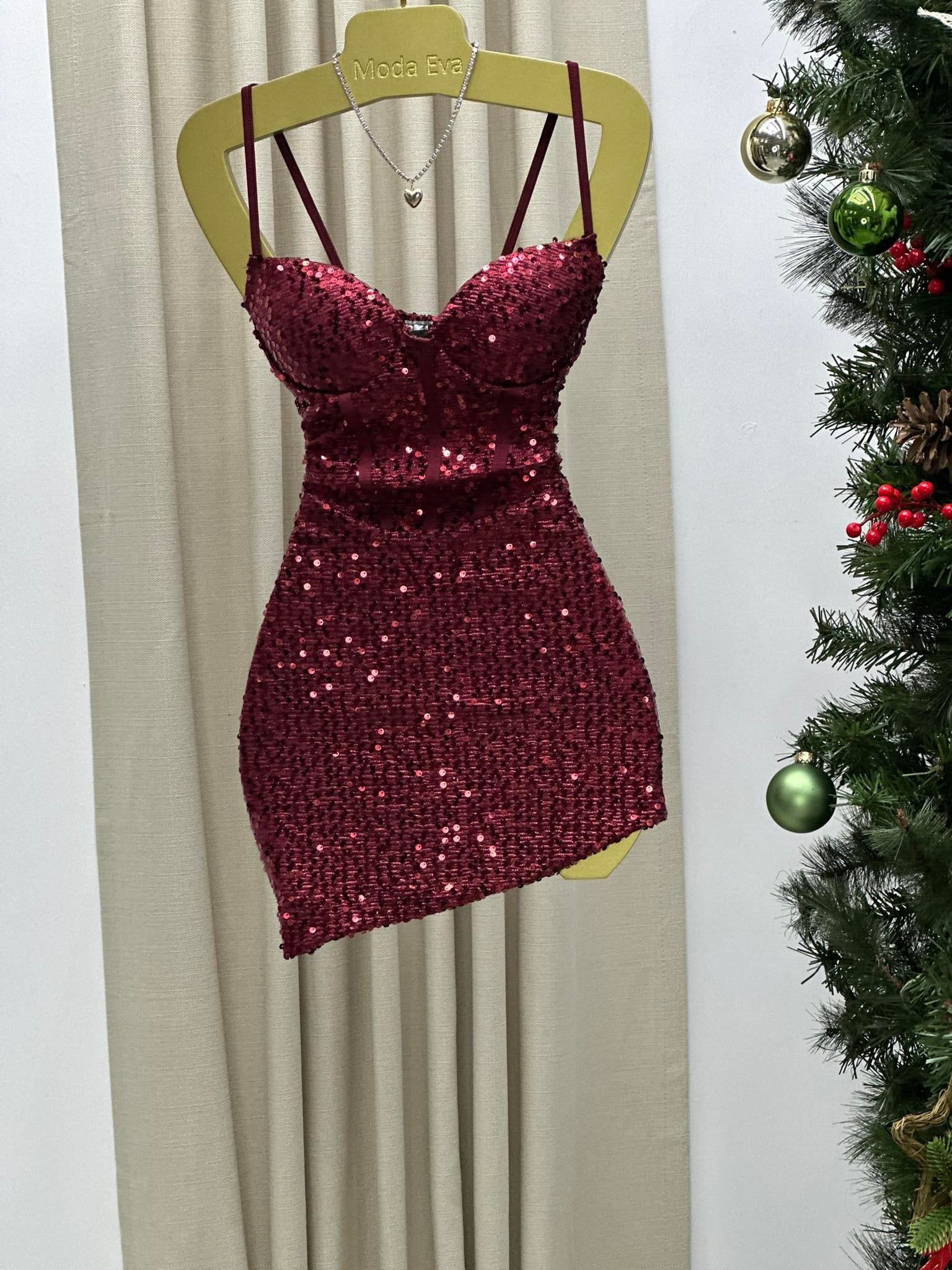 Pul Payet Asimetrik Kesim Gloplu Askılı Elbise Bordo