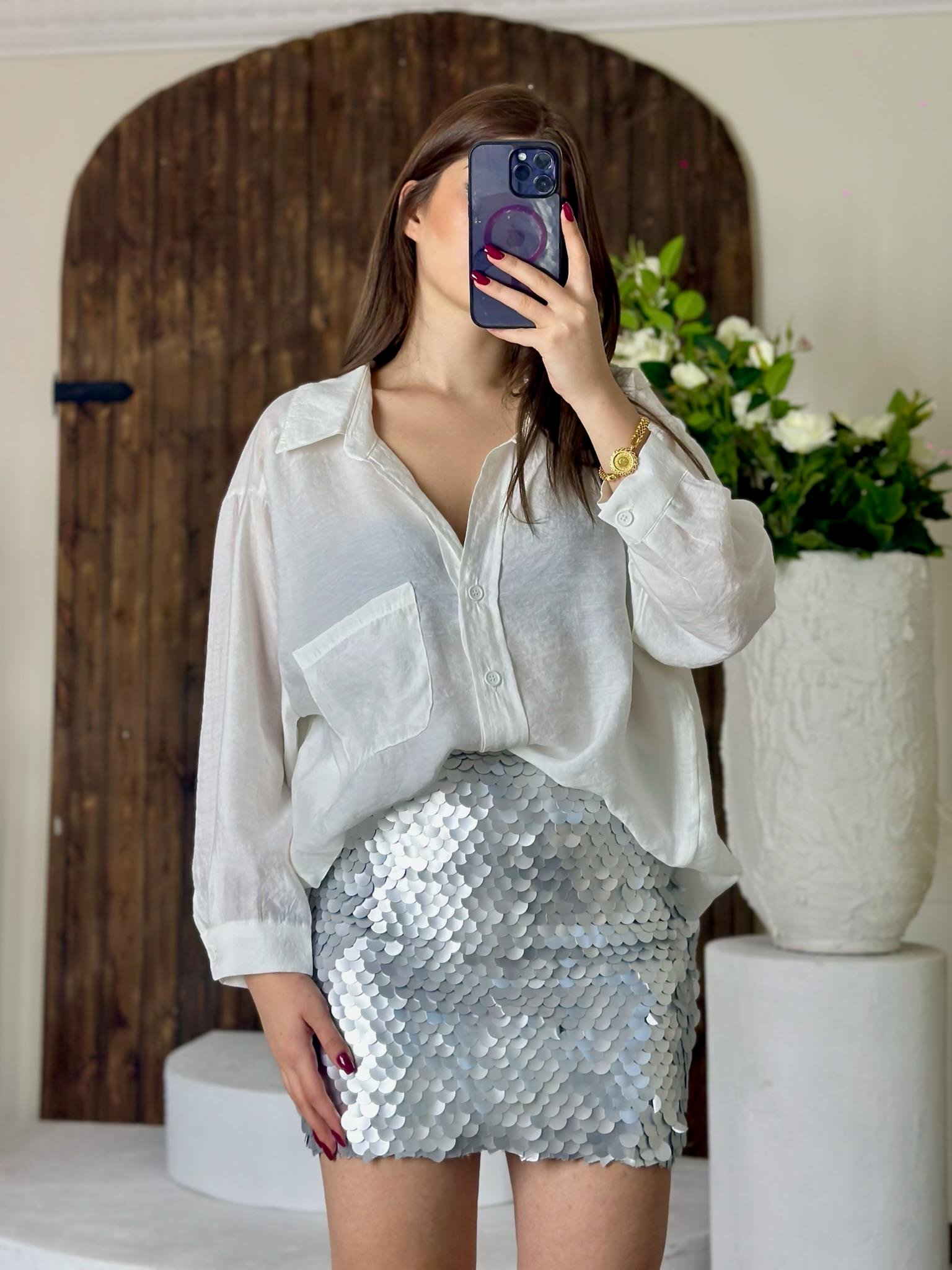 Pul Payet Astarlı Likralı Mini Etek Gümüş