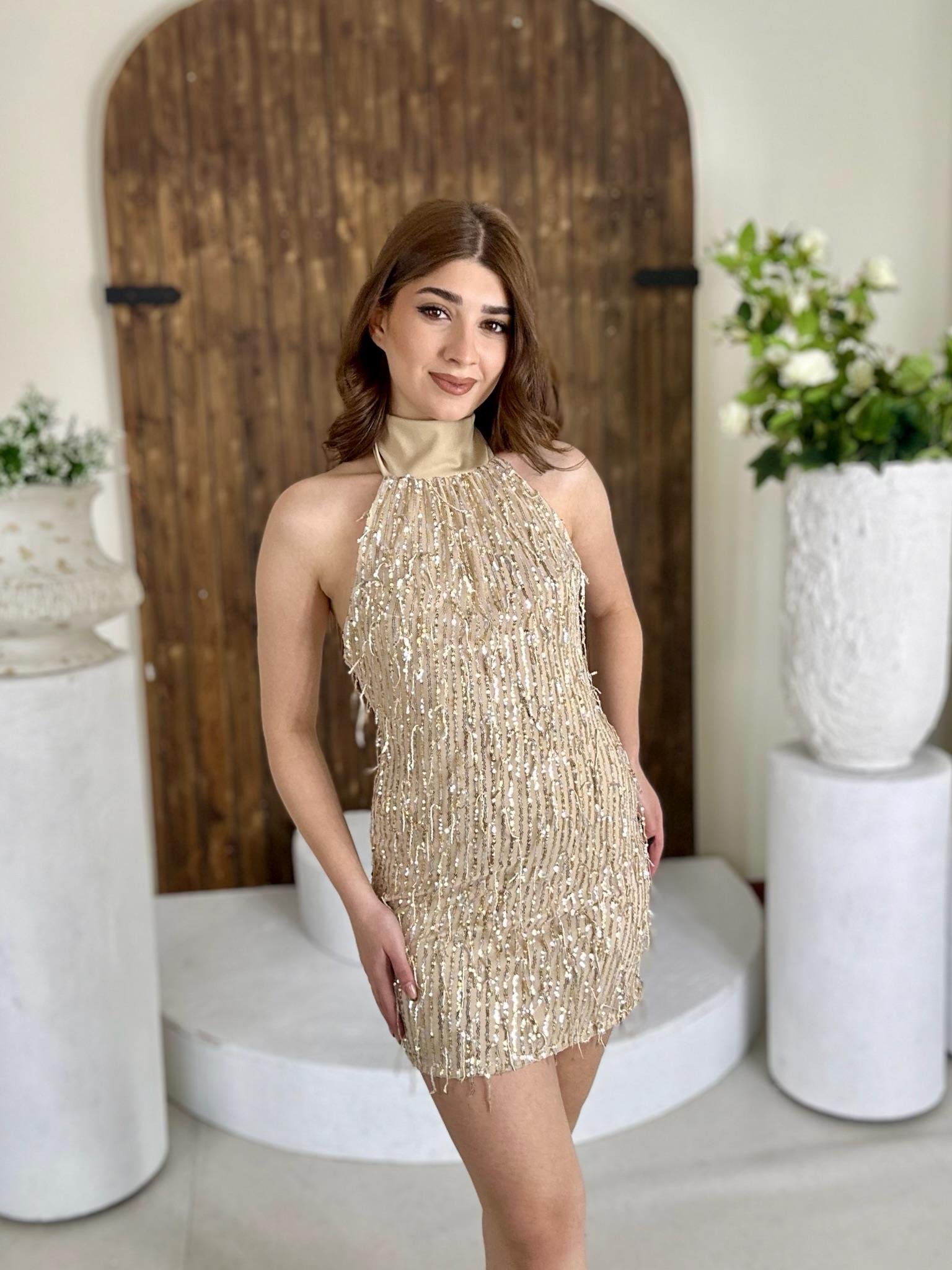 Pul Payet Dik Yaka Tasarım Elbise Gold