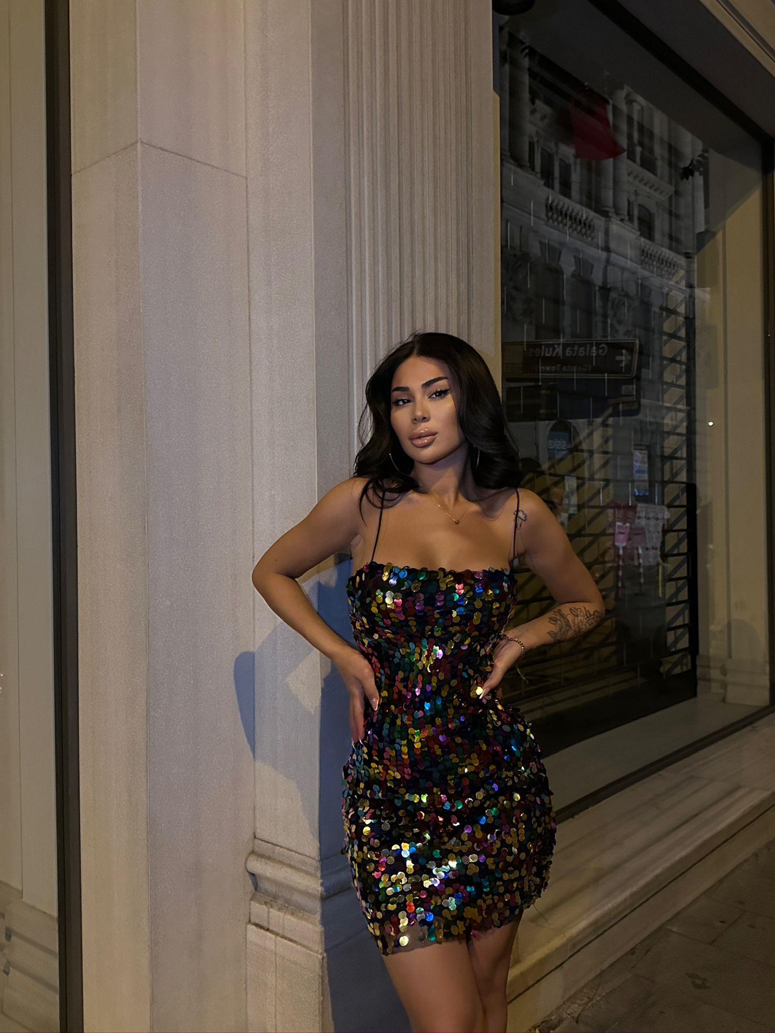 Pul Payet Kumaş İnce Askılı Mini Elbise 