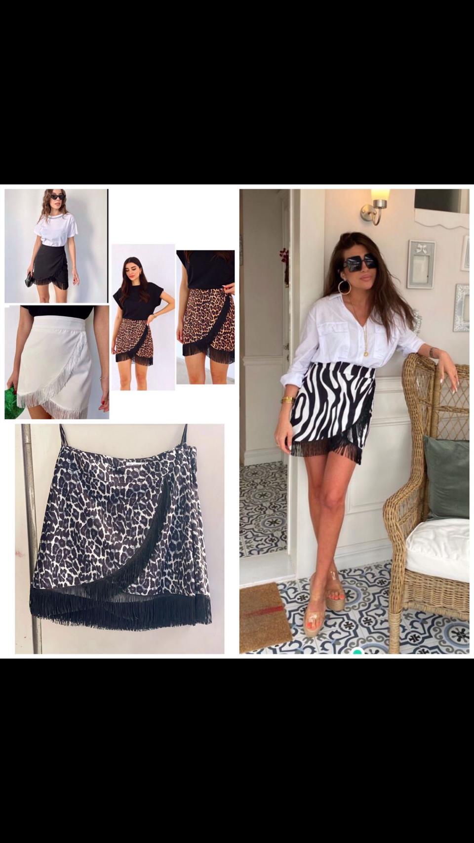 Püskül Detaylı Zarf Kesim Mini Etek