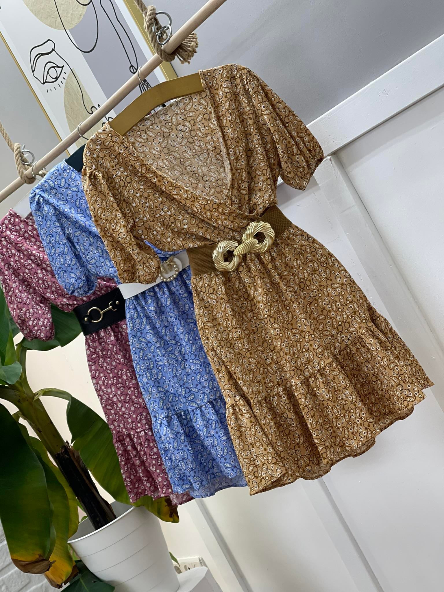 Şal Desen Kruvaze Yaka Eteği Kat Dikişli Elbise