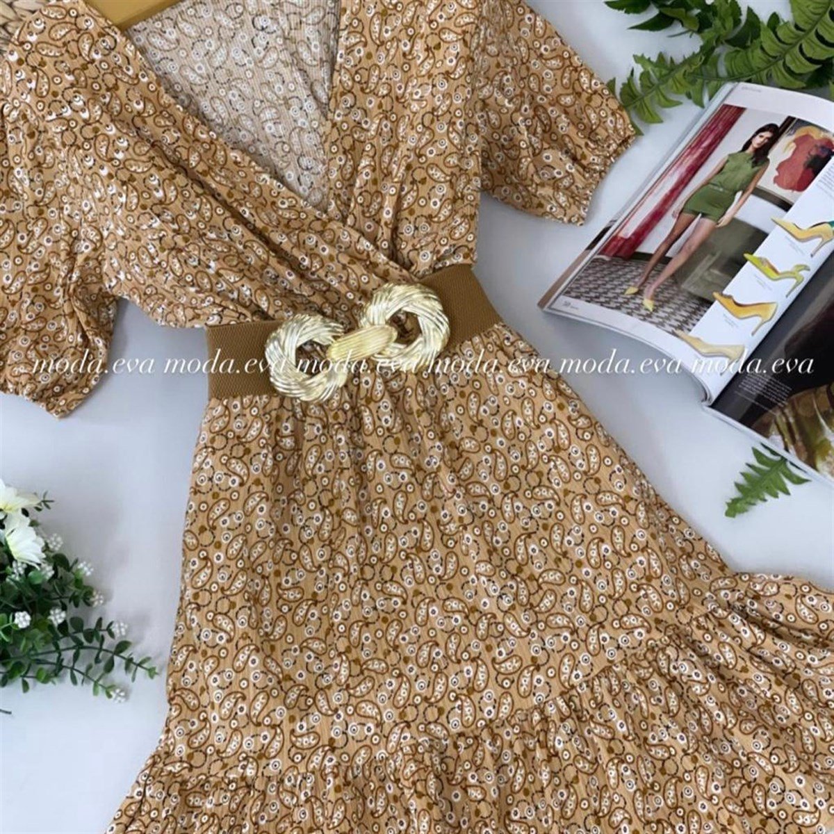 Şal Desen Kruvaze Yaka Eteği Kat Dikişli Elbise