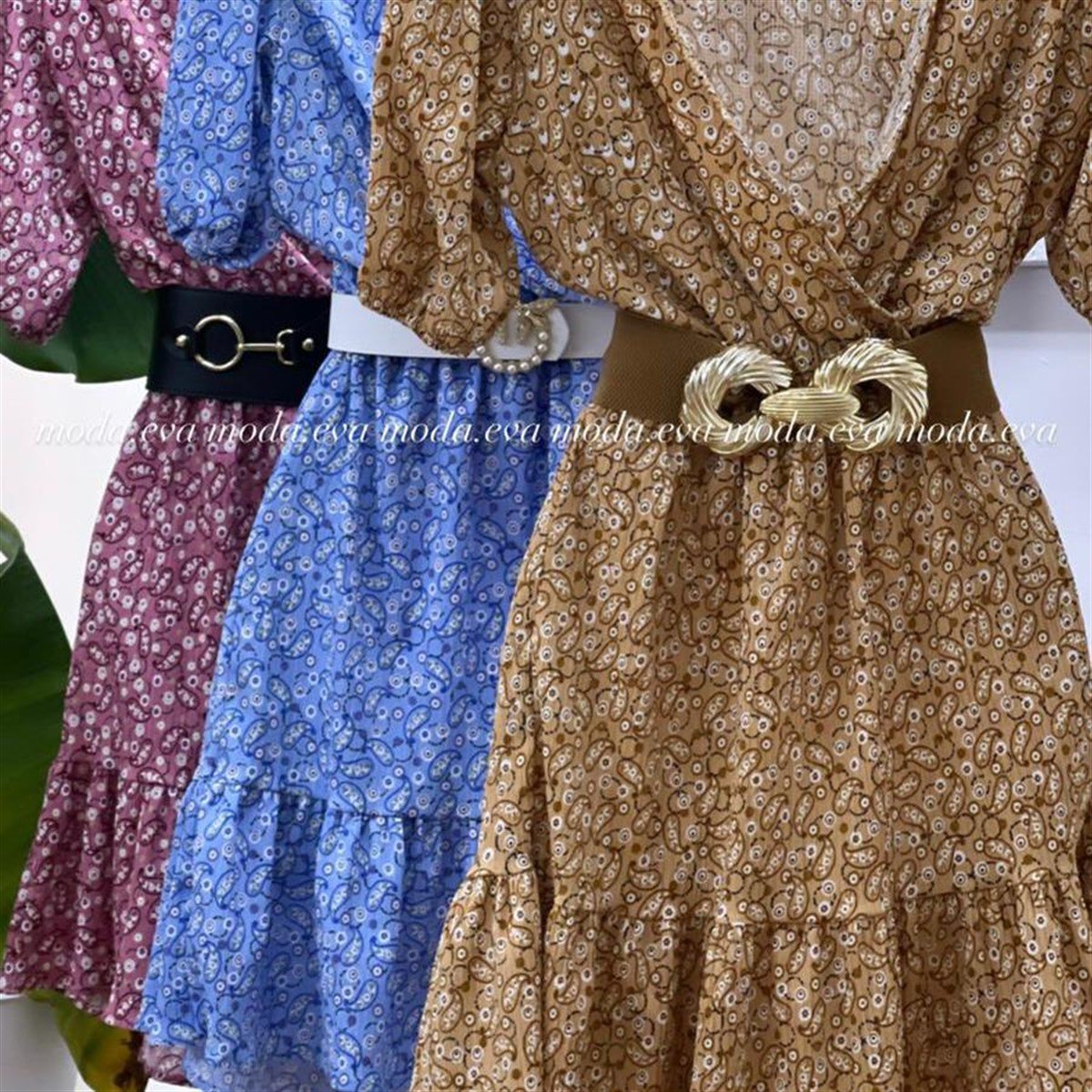 Şal Desen Kruvaze Yaka Eteği Kat Dikişli Elbise