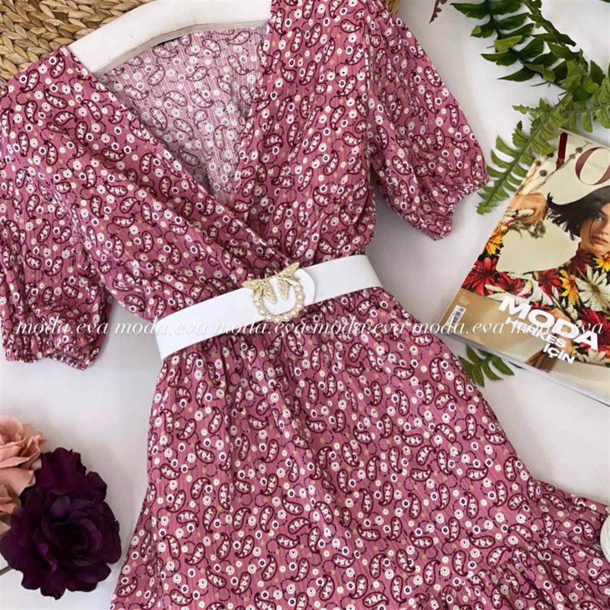 Şal Desen Kruvaze Yaka Eteği Kat Dikişli Elbise