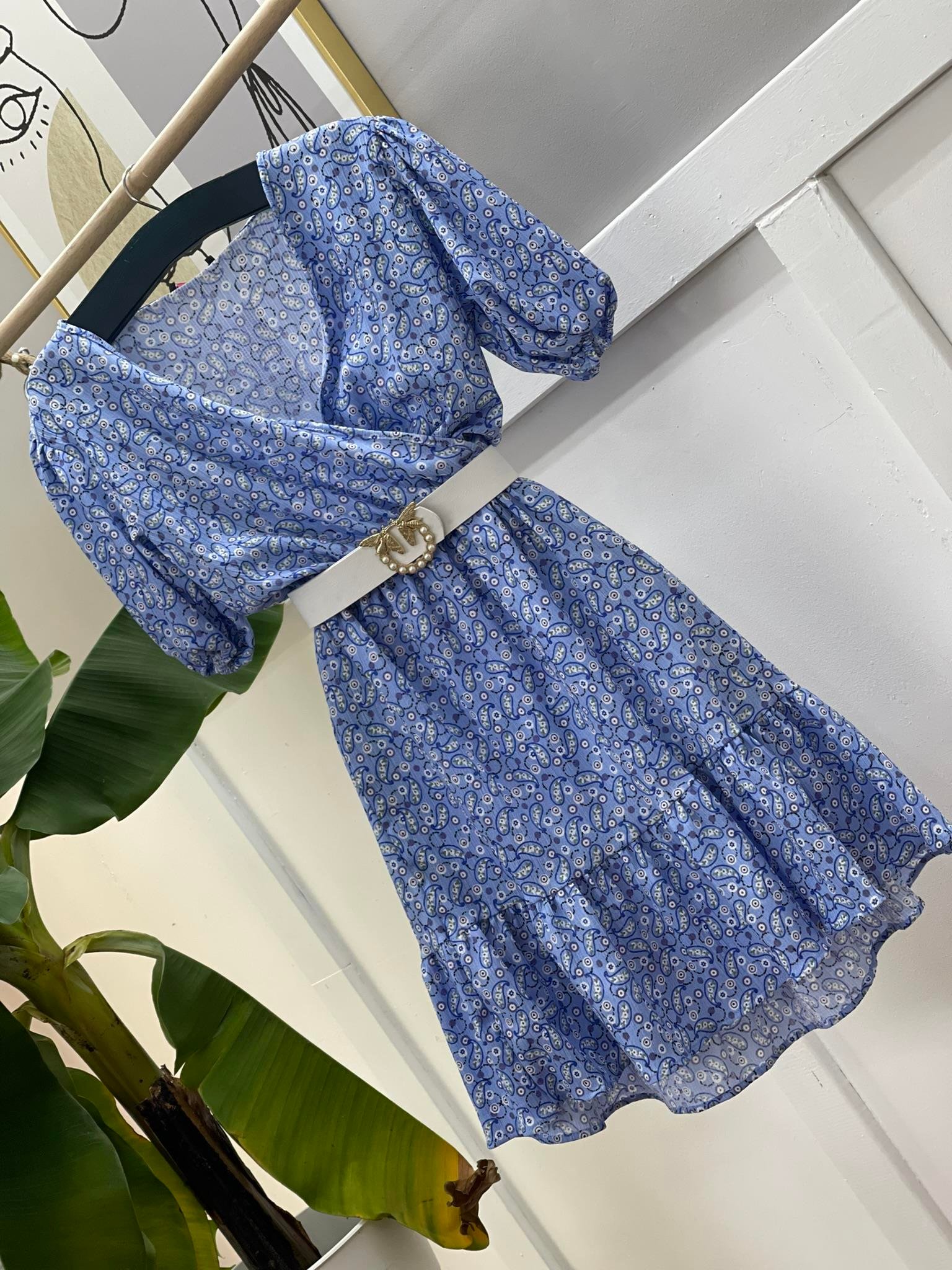 Şal Desen Kruvaze Yaka Eteği Kat Dikişli Elbise