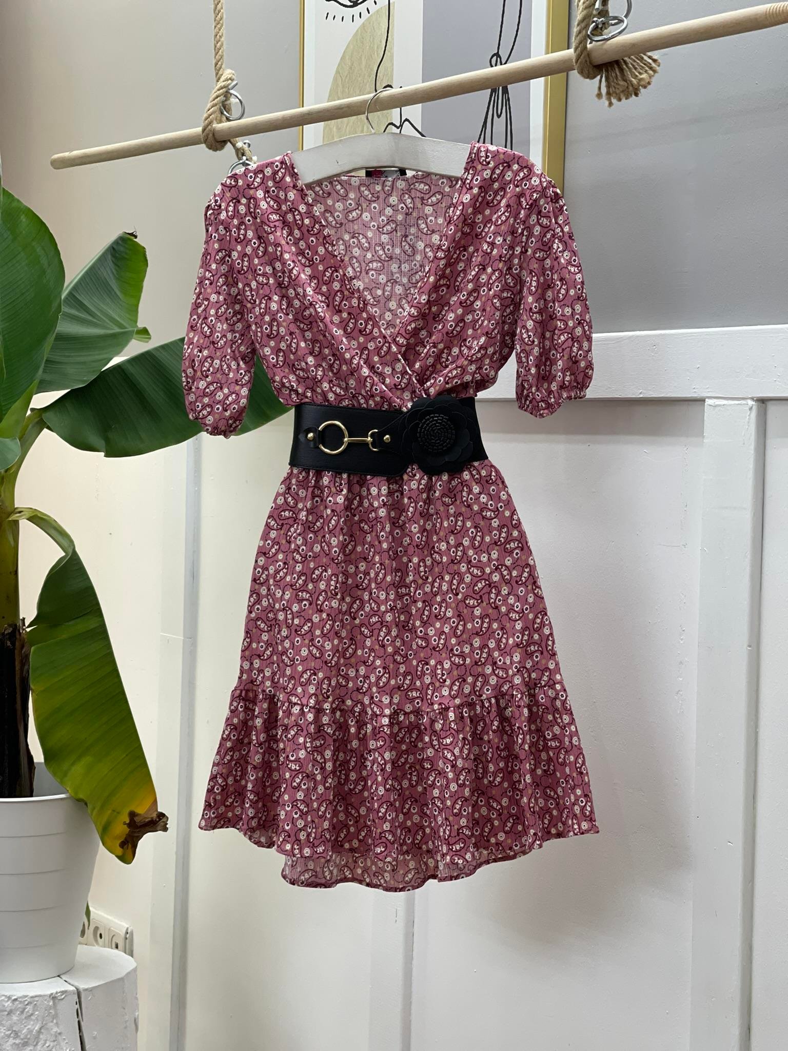 Şal Desen Kruvaze Yaka Eteği Kat Dikişli Elbise