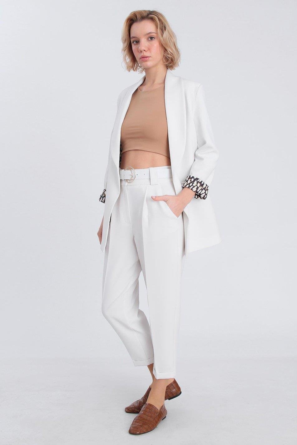 Şal Yaka Leopar Astarlı Poliviskon Blazer Ceket Beyaz