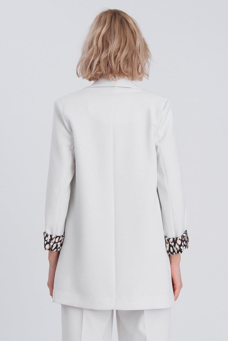 Şal Yaka Leopar Astarlı Poliviskon Blazer Ceket Beyaz