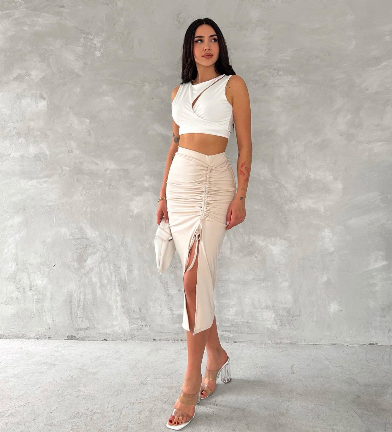 Sandy Kumaş Asansör Ayarlı Midi Boy Etek Krem