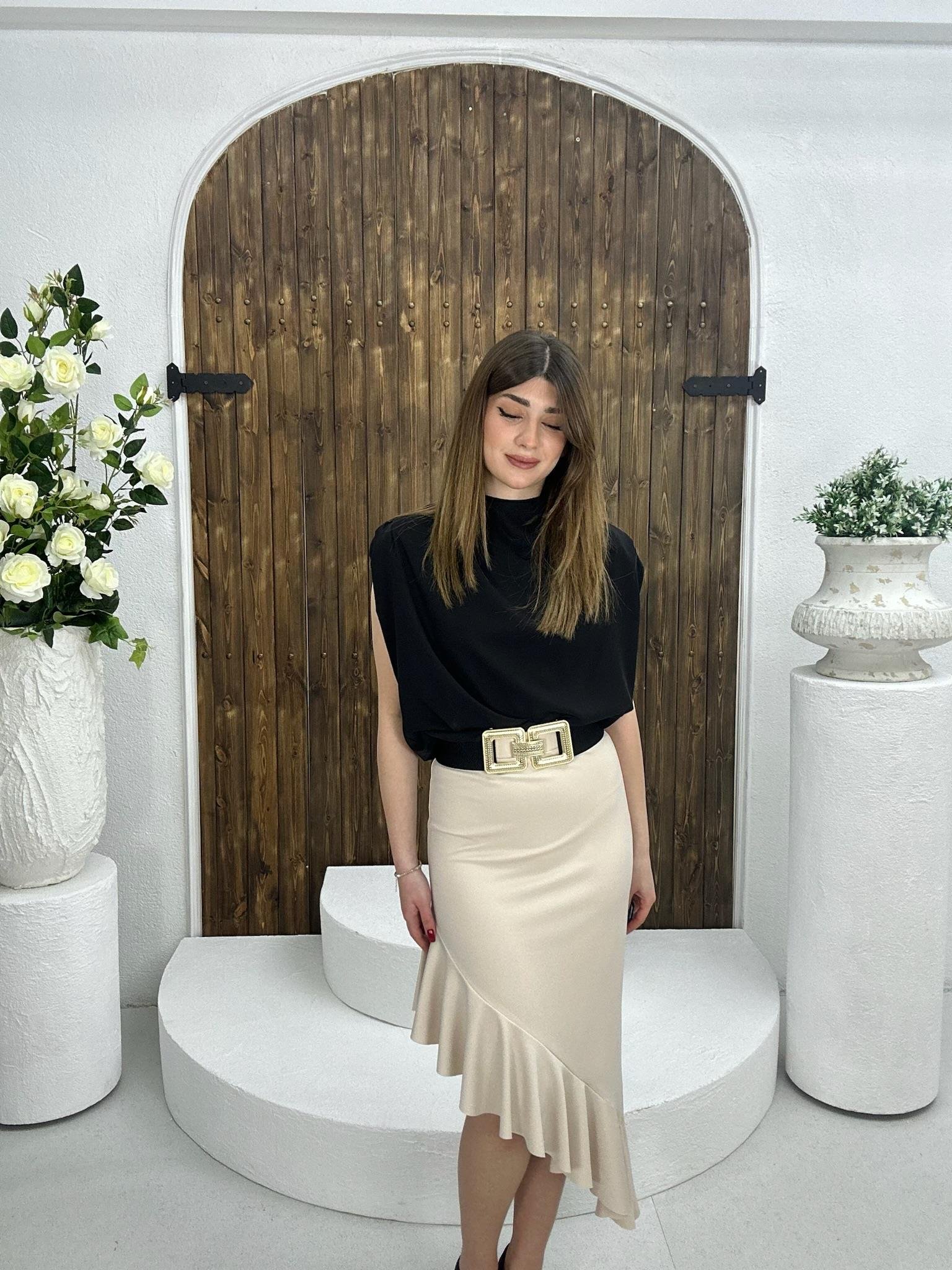 Sandy Kumaş Asimetrik Kesim Volan Detay Midi Boy Etek Bej