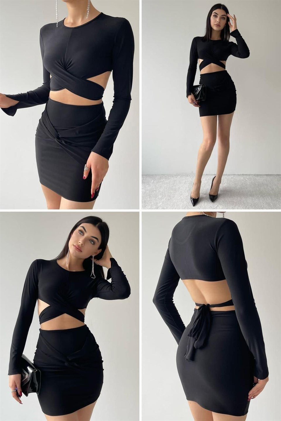 Sandy Kumaş Bağlama Detay Etekli İkili Takım 