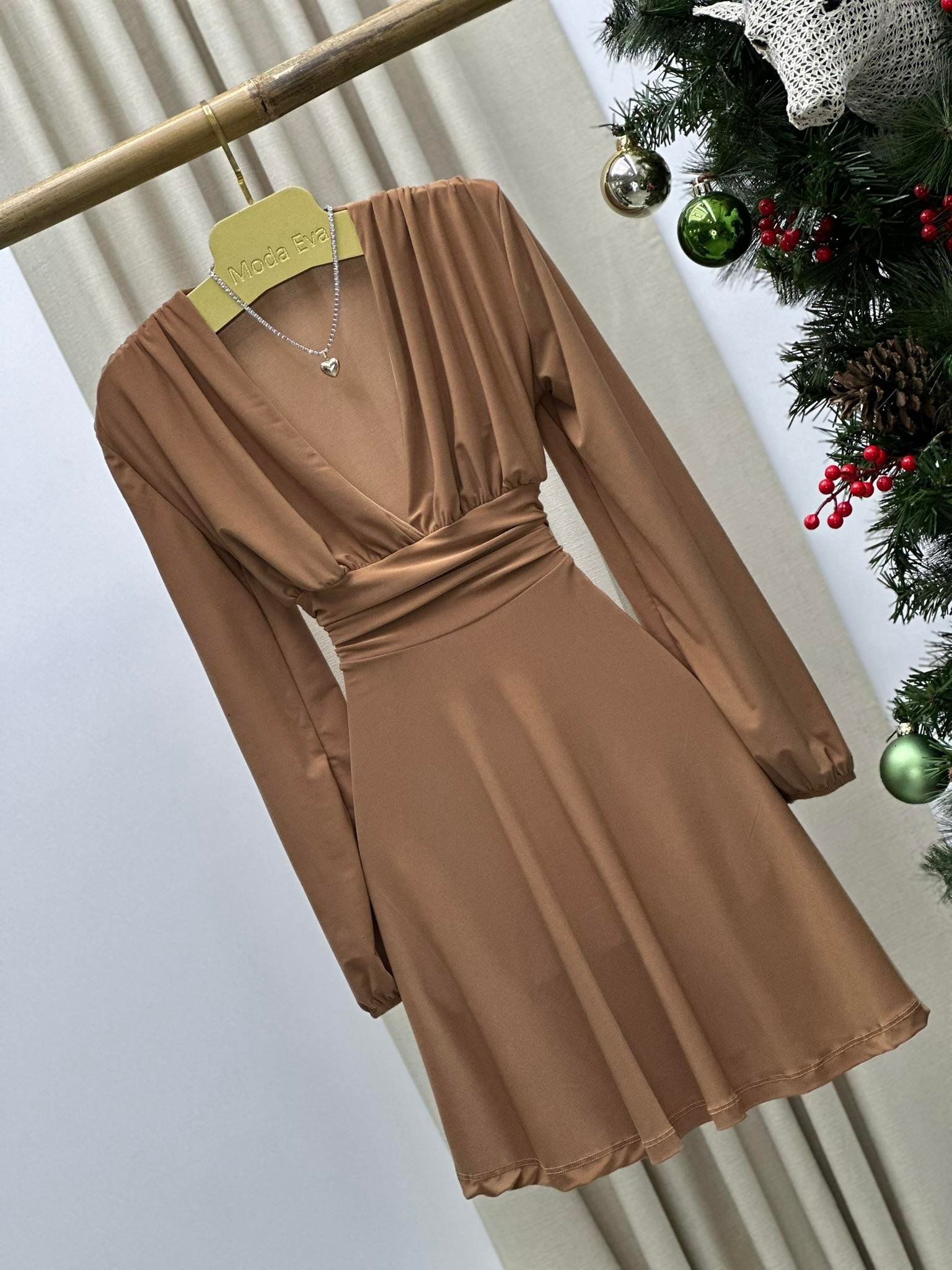 Sandy Kumaş Bel Detaylı Balon Kol Kloş Bej Elbise