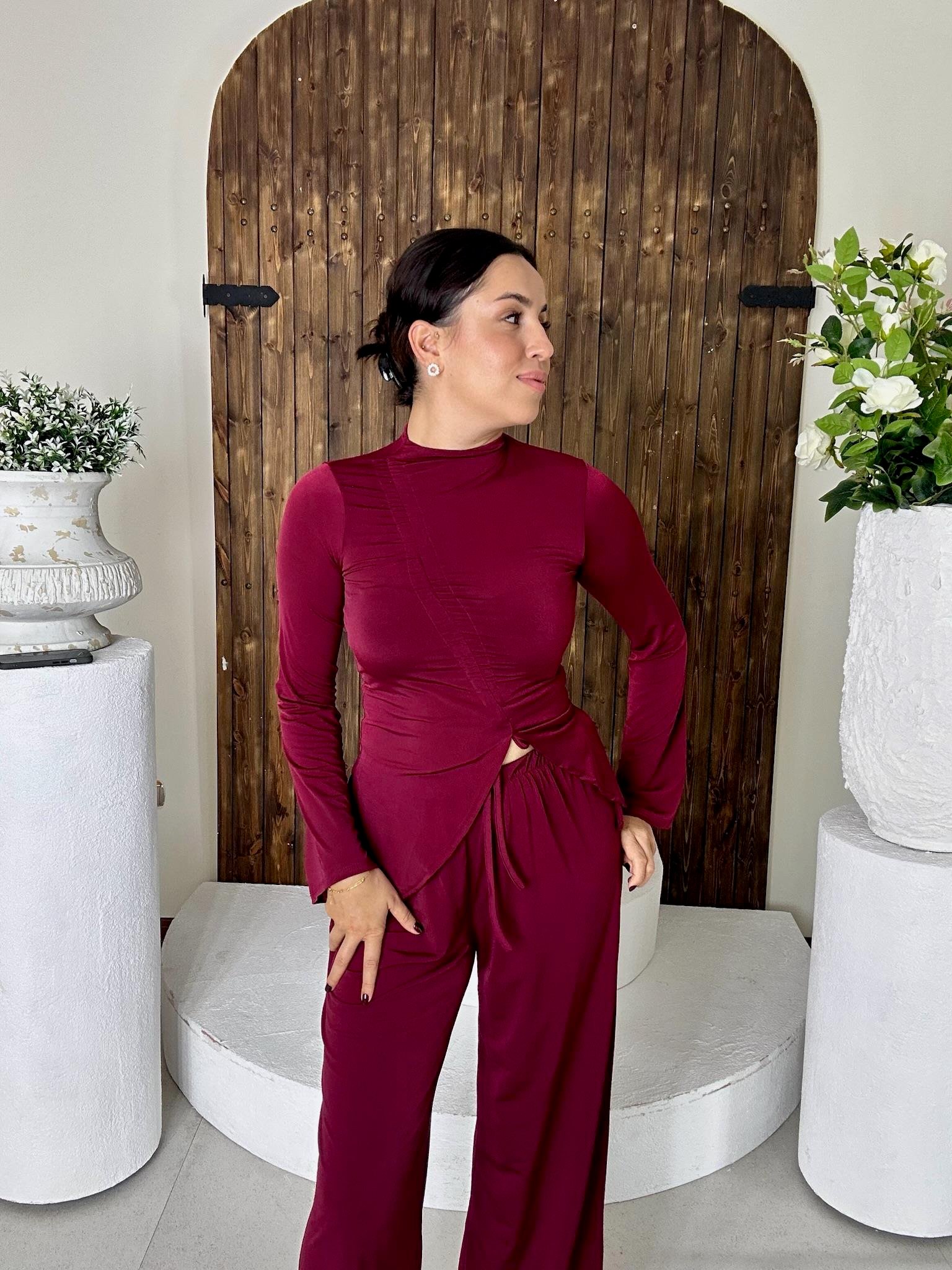 Sandy Kumaş Büzgü Detay Pantolon Bluz İkili Bordo Takım