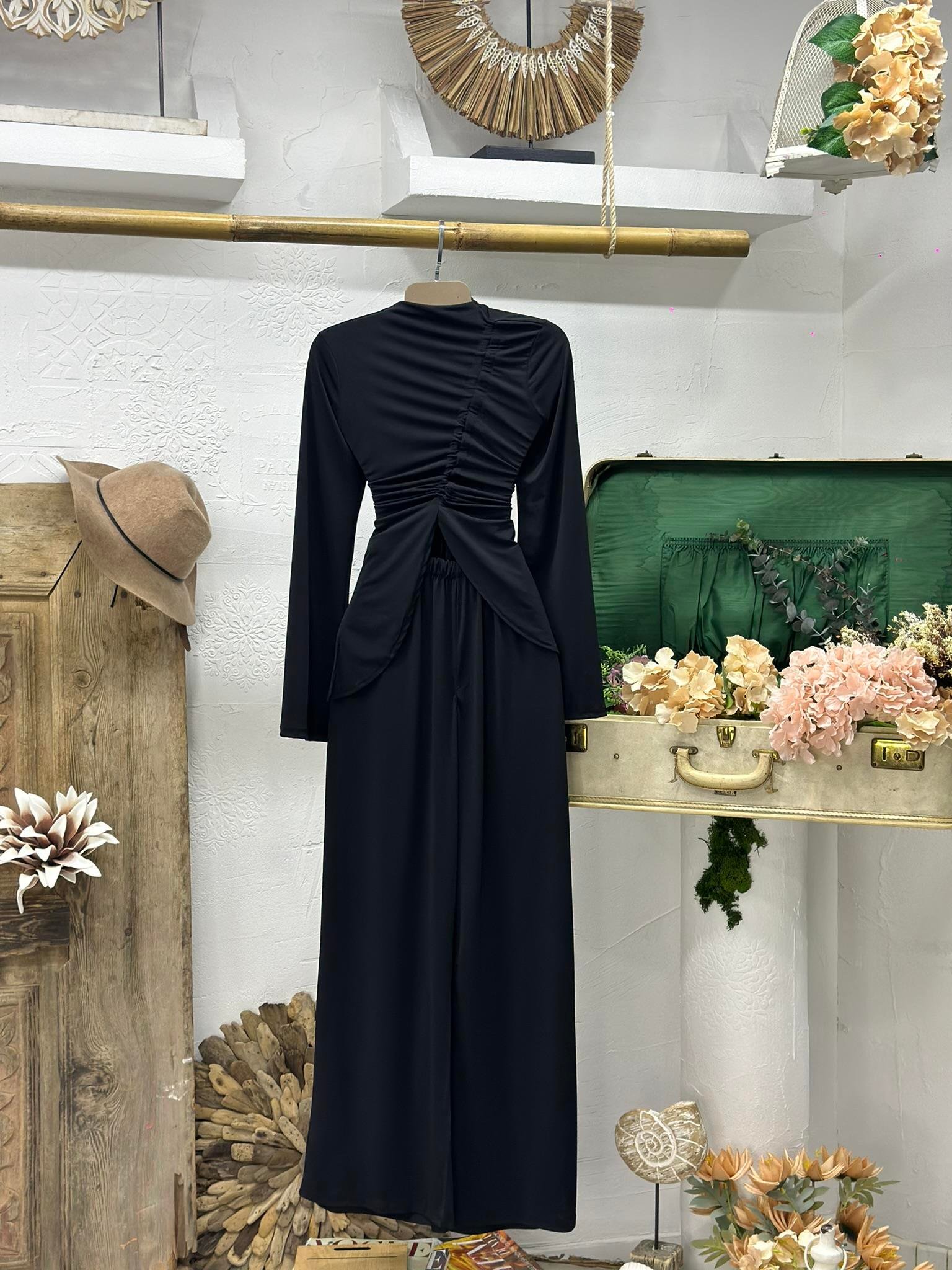 Sandy Kumaş Büzgü Detay Pantolon Bluz İkili Siyah Takım