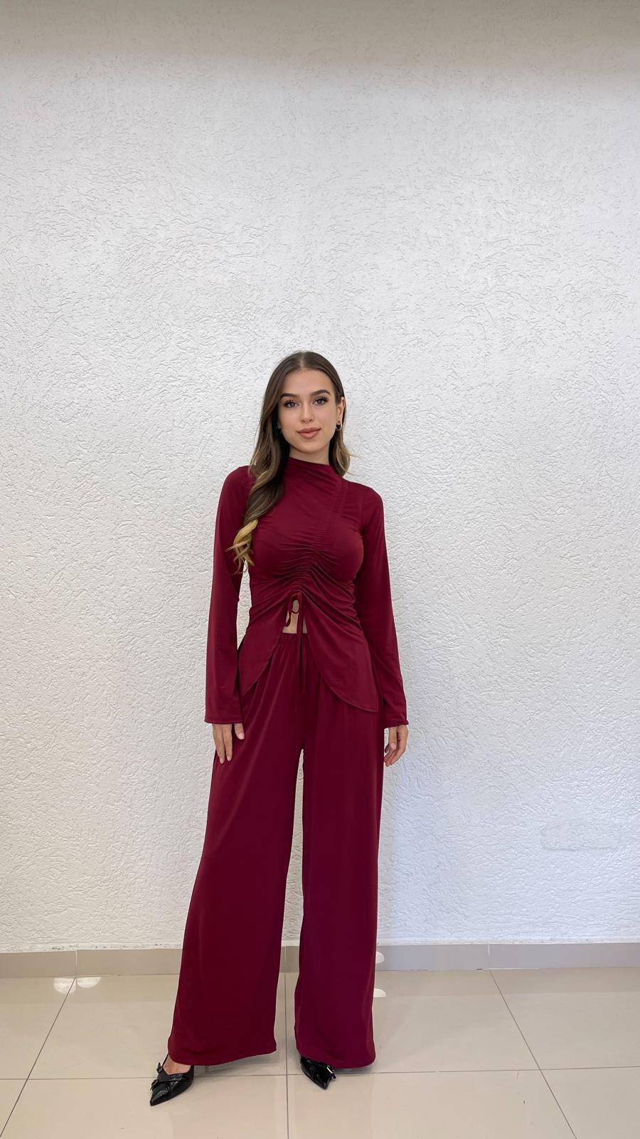 Sandy Kumaş Büzgü Detay Pantolon Bluz İkili Bordo Takım