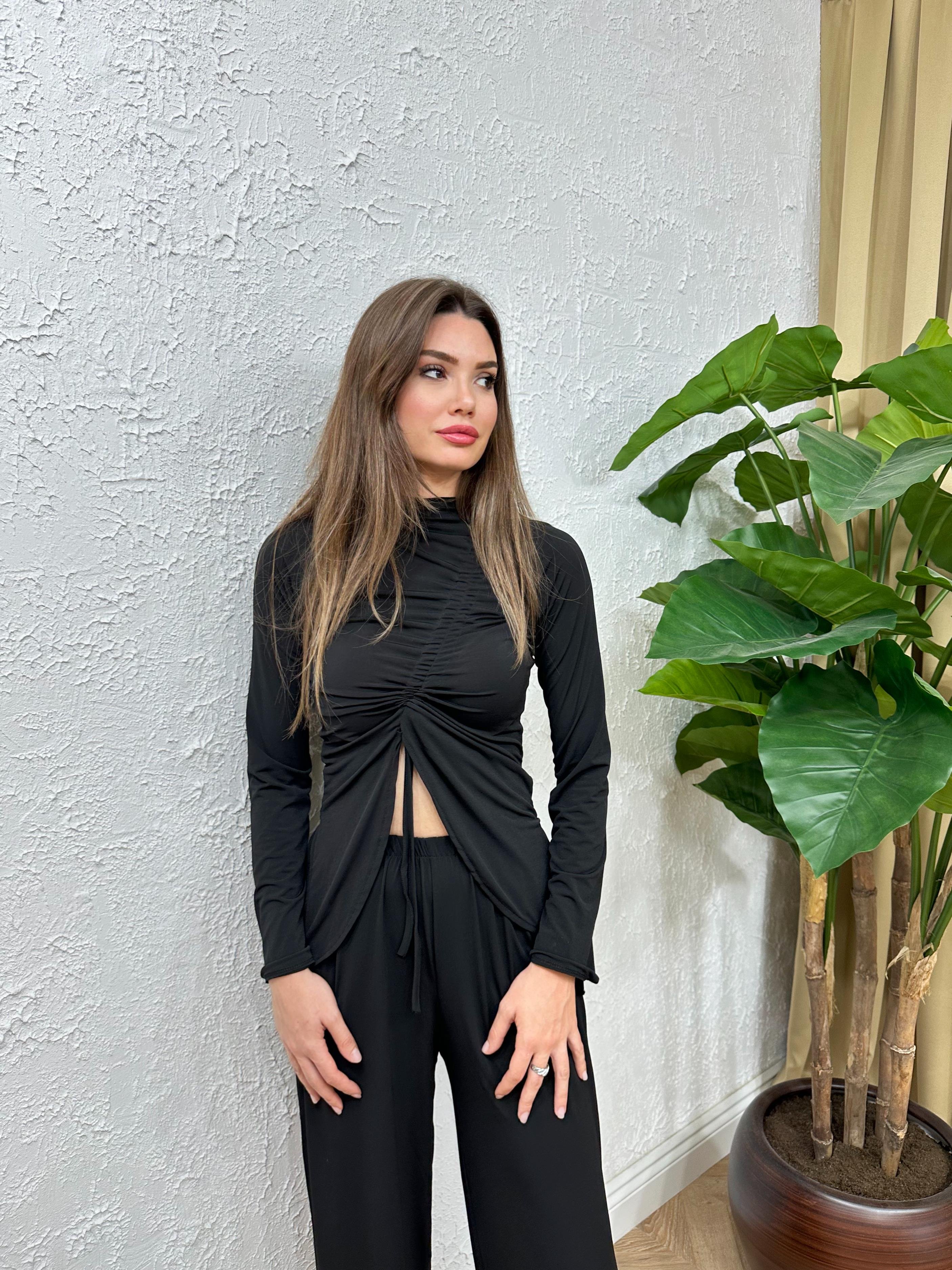 Sandy Kumaş Büzgü Detay Pantolon Bluz İkili Siyah Takım