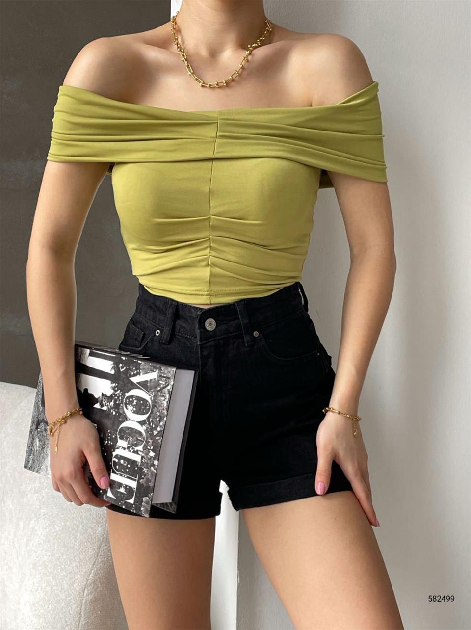 Sandy  Kumaş Büzgü Dikişli Düşük Omuz Bluz 