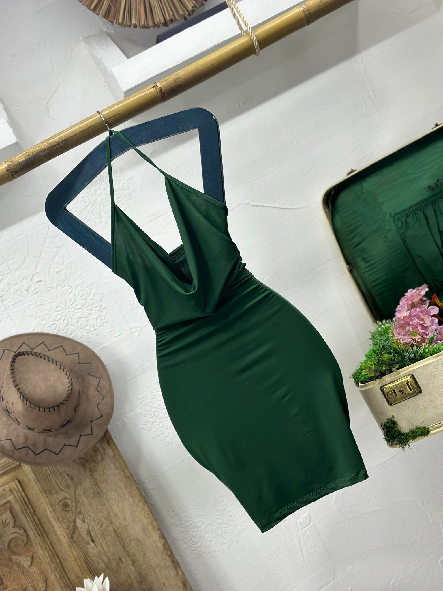 Sandy Kumaş Degaje Yaka Boyundan Bağlamalı Elbise 