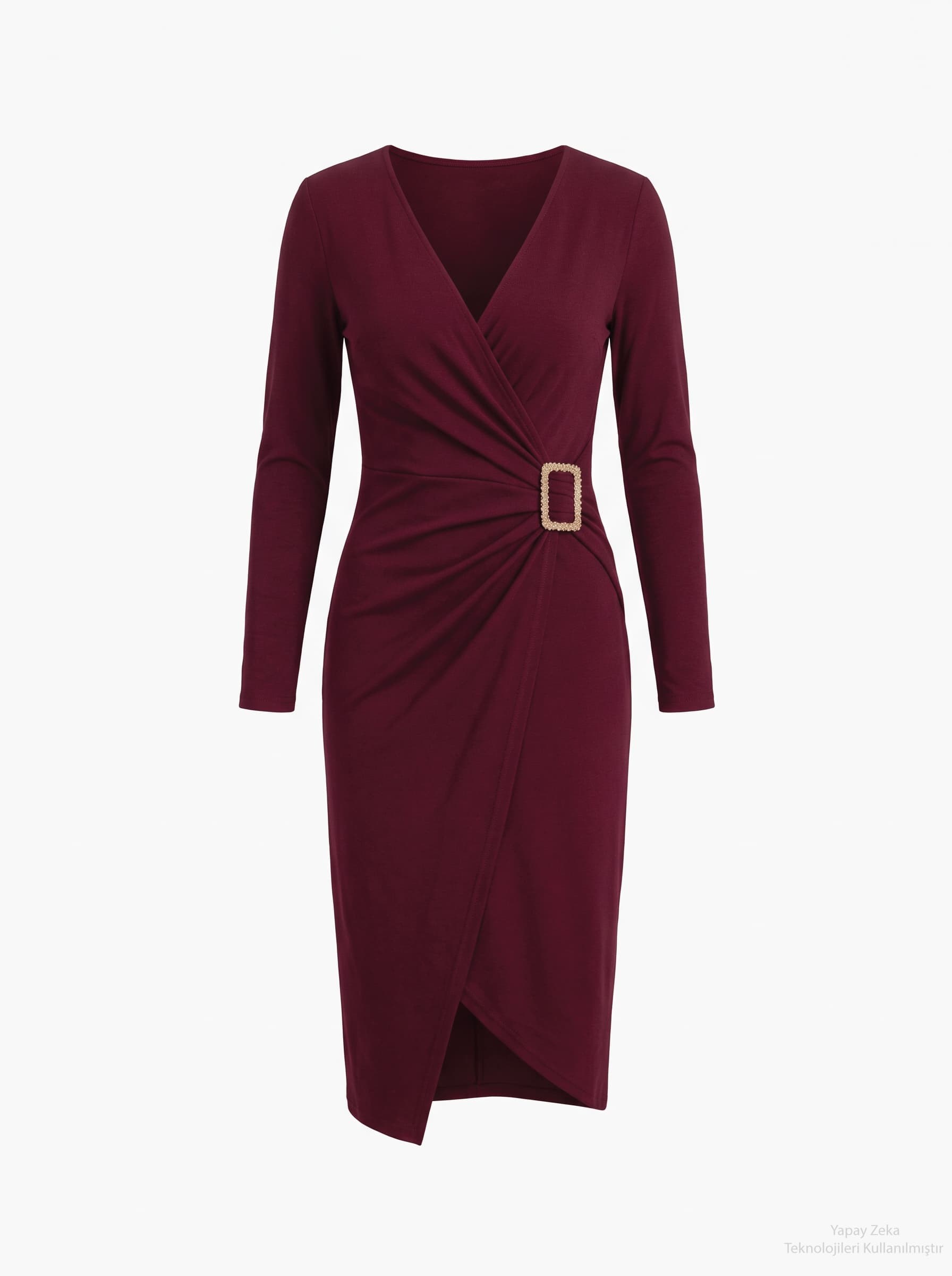 Sandy Kumaş Drape Detaylı Metal Aksesuarlı Kalem Elbise Bordo