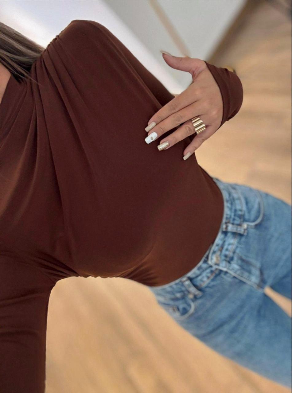 Sandy Kumaş Drapeli Bluz Kahverengi