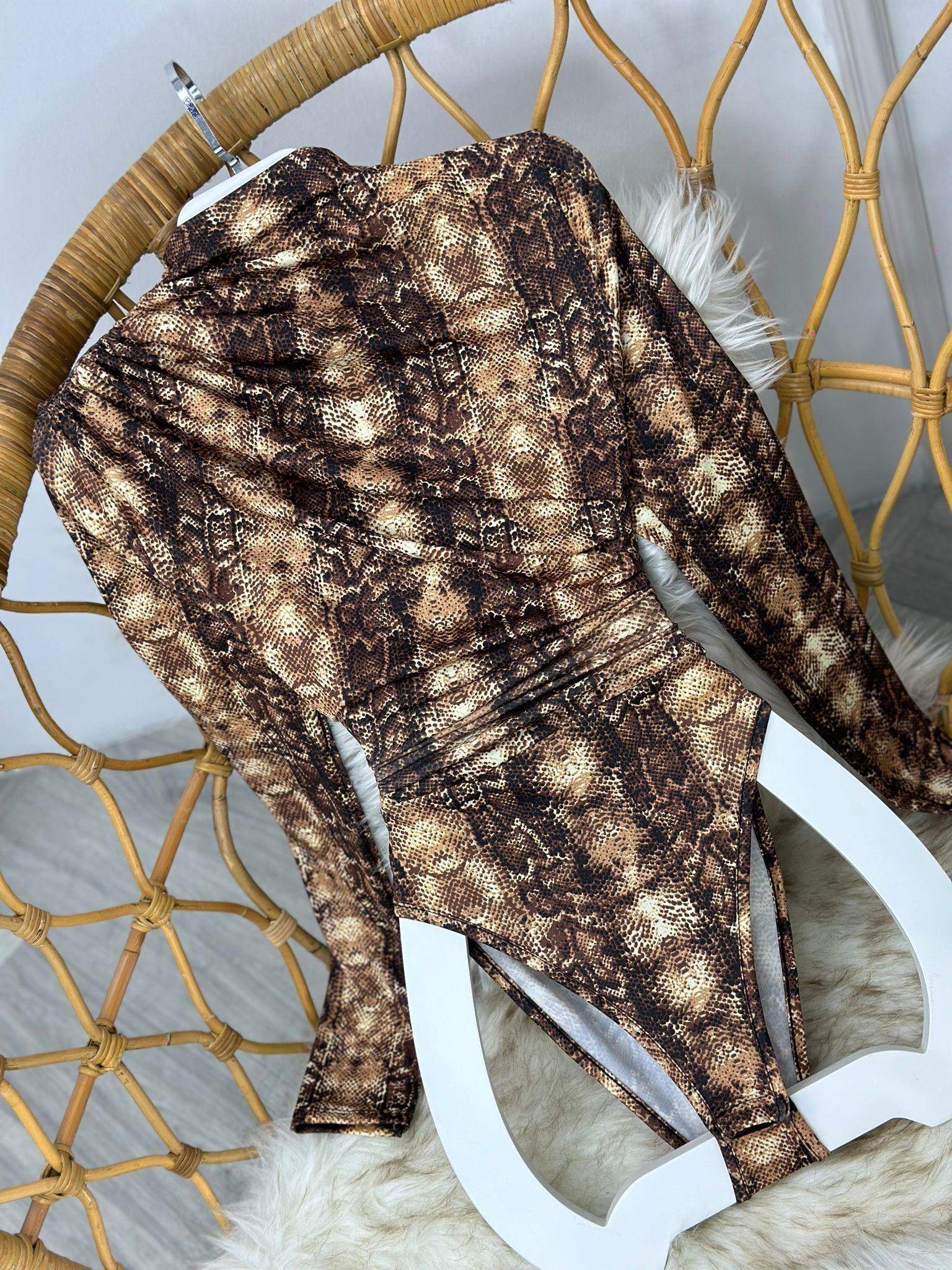 Sandy Kumaş Drapeli Snake Desen Bodysuit