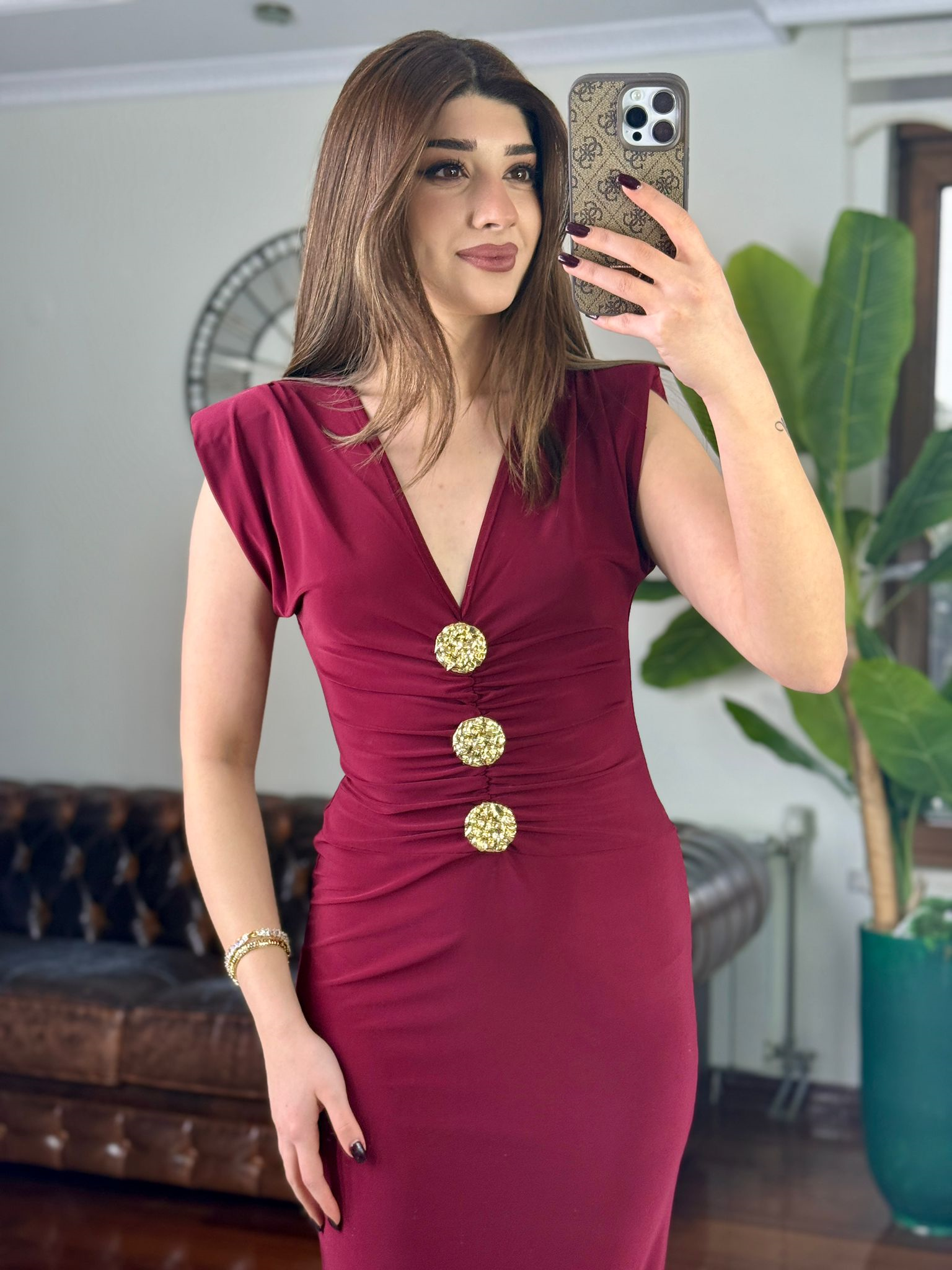 Sandy Kumaş Gold Düğme Detaylı Kalem Elbise Bordo