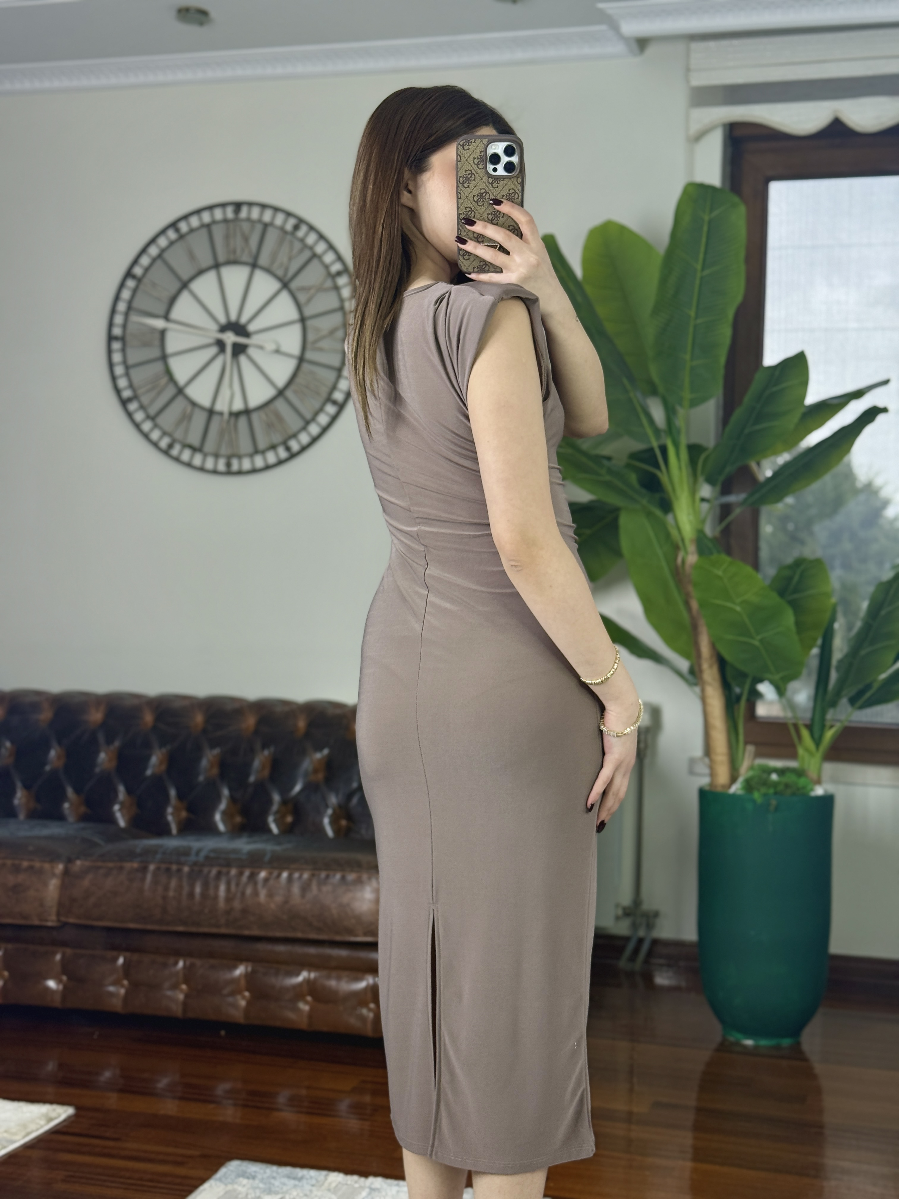 Sandy Kumaş Gold Düğme Detaylı Kalem Elbise Krem