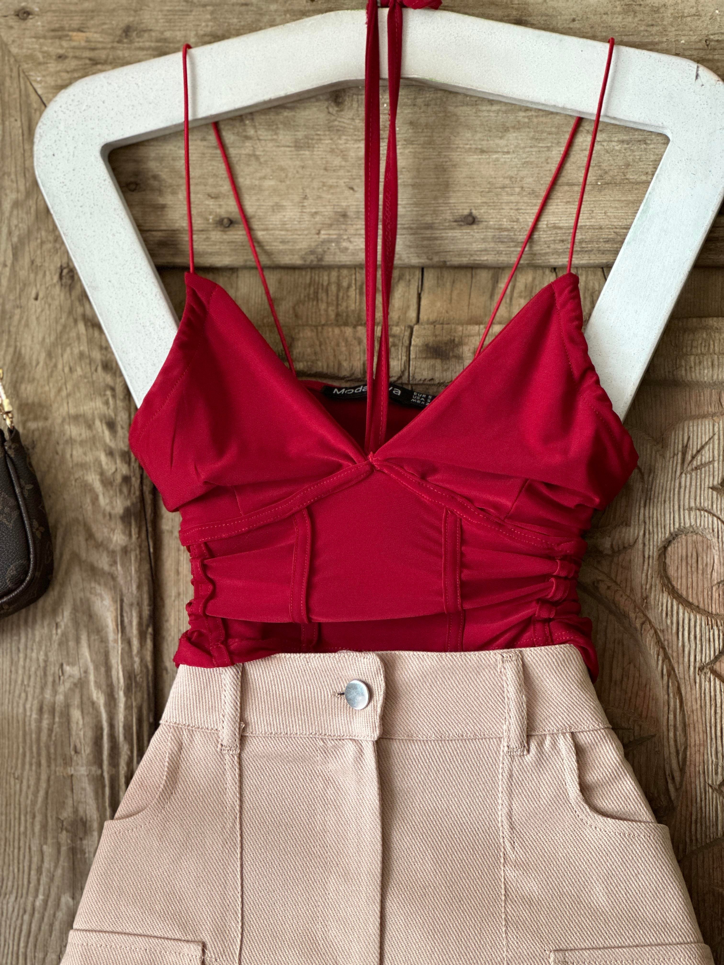 Sandy Kumaş İnce Askılı Boyun Bağlamalı Bluz