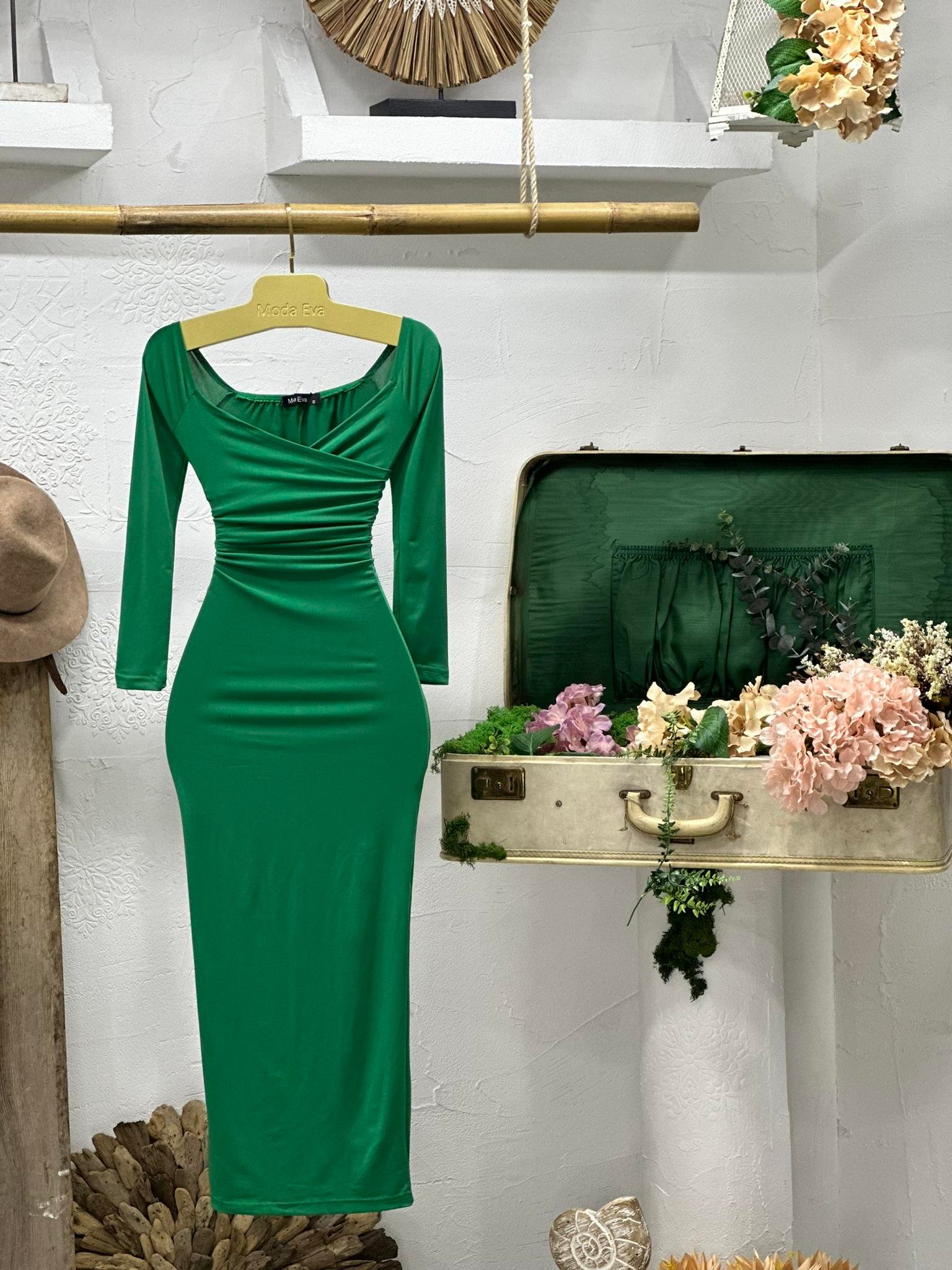 Sandy Kumaş Kalp Yaka Düşük Omuz Uzun Yeşil Elbise