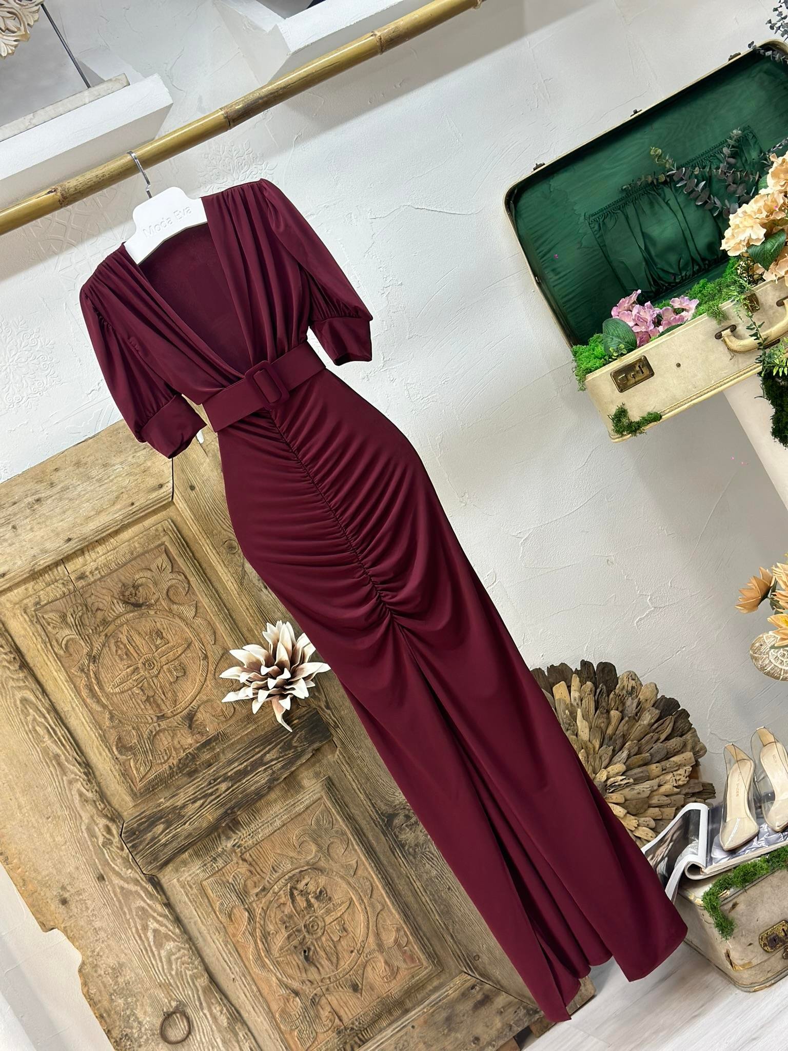 Sandy Kumaş Kaplama Kemerli Drapeli Uzun  Elbise