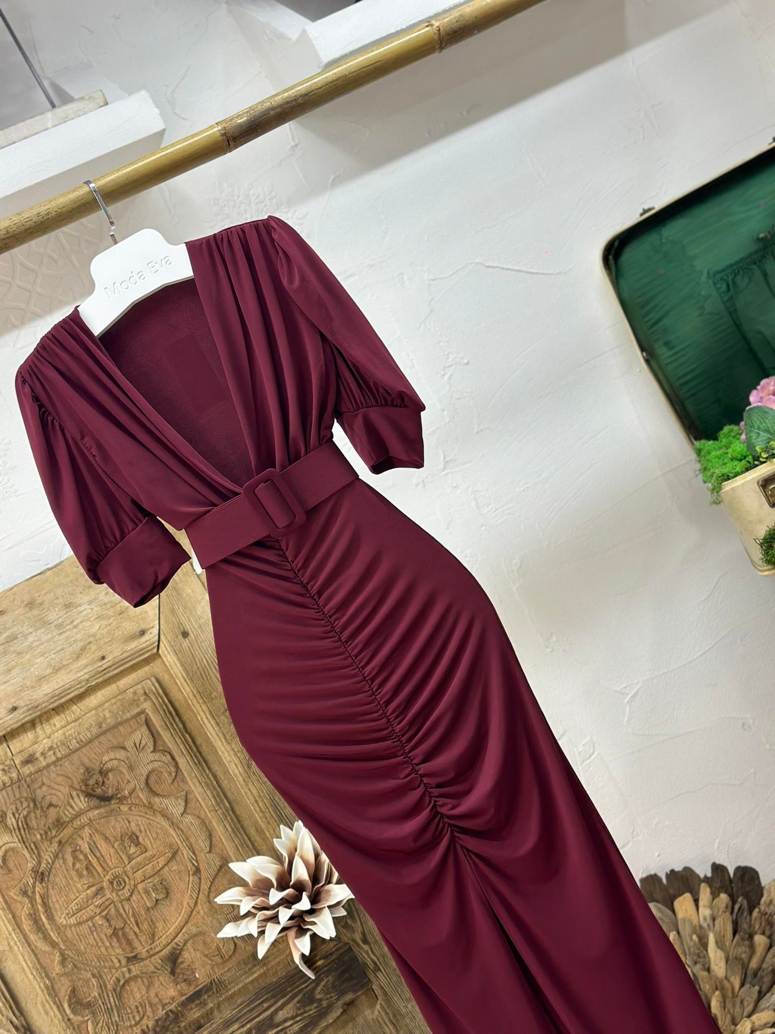 Sandy Kumaş Kaplama Kemerli Drapeli Uzun  Elbise