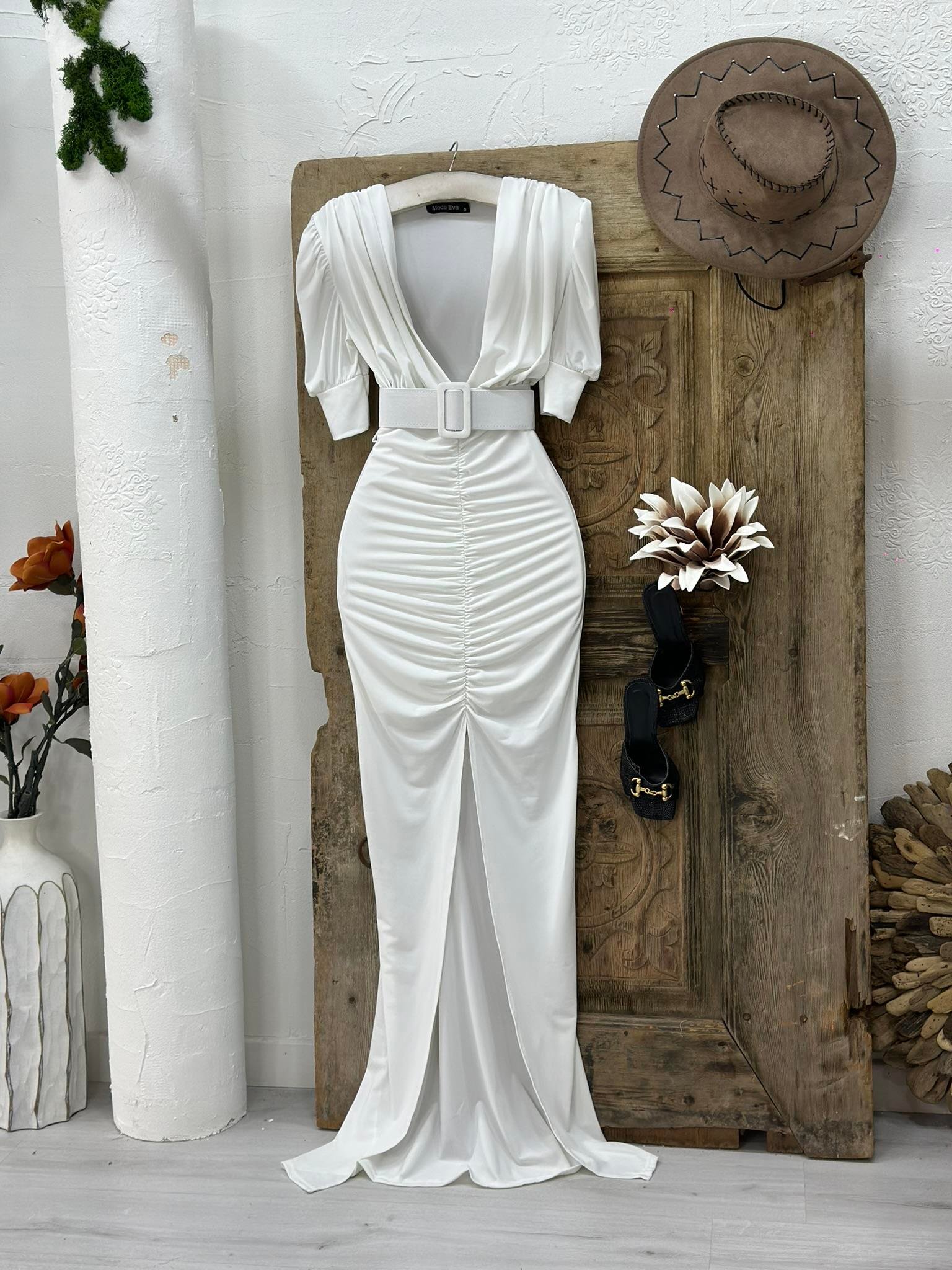 Sandy Kumaş Kaplama Kemerli Drapeli Uzun  Elbise