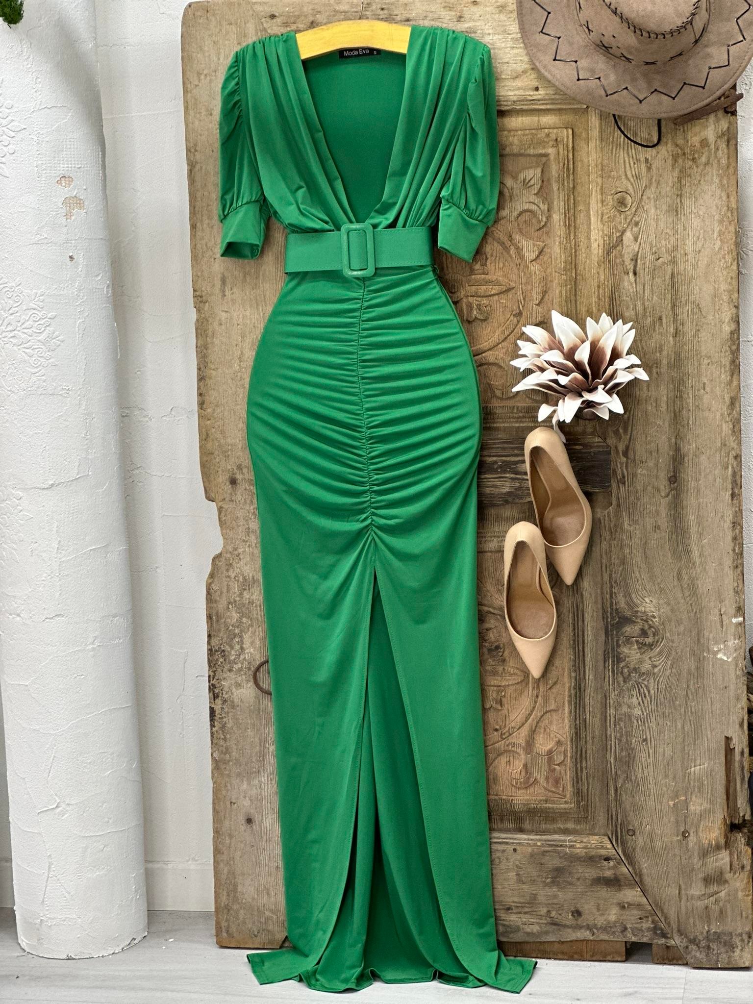 Sandy Kumaş Kaplama Kemerli Drapeli Uzun  Elbise