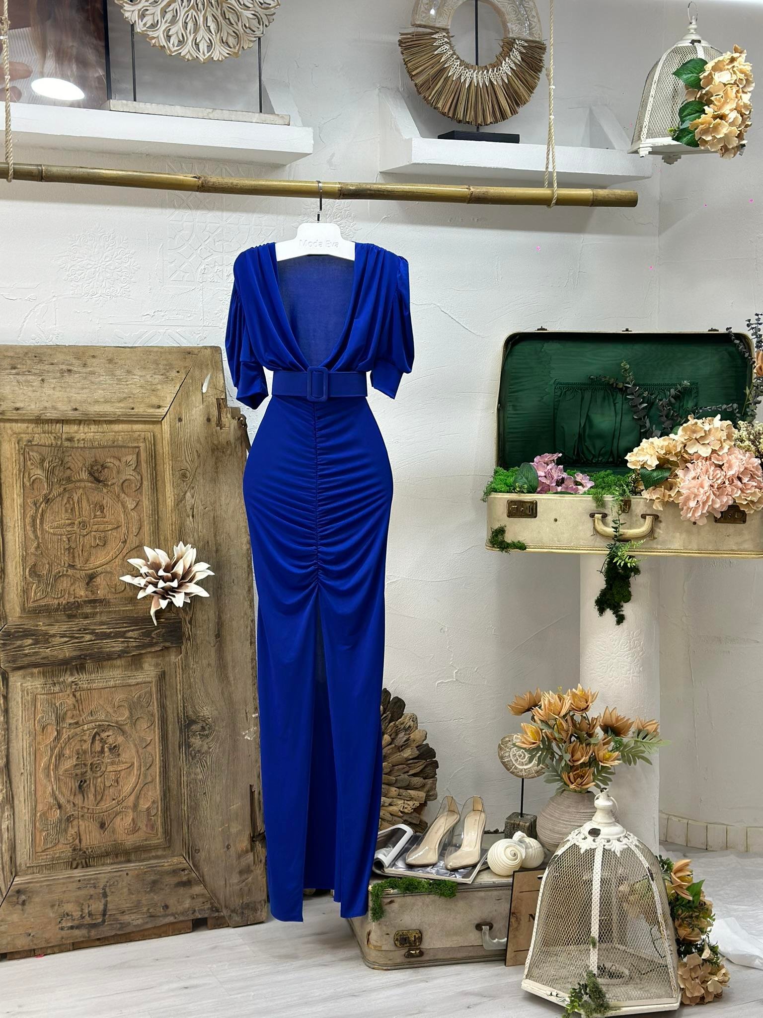 Sandy Kumaş Kaplama Kemerli Drapeli Uzun  Elbise