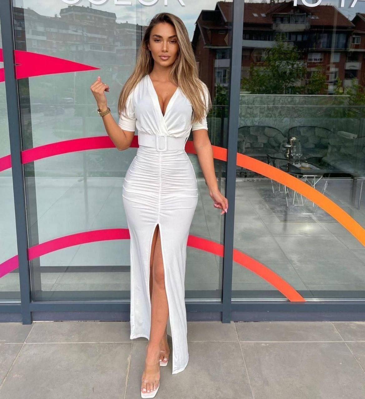 Sandy Kumaş Kaplama Kemerli Drapeli Uzun  Elbise