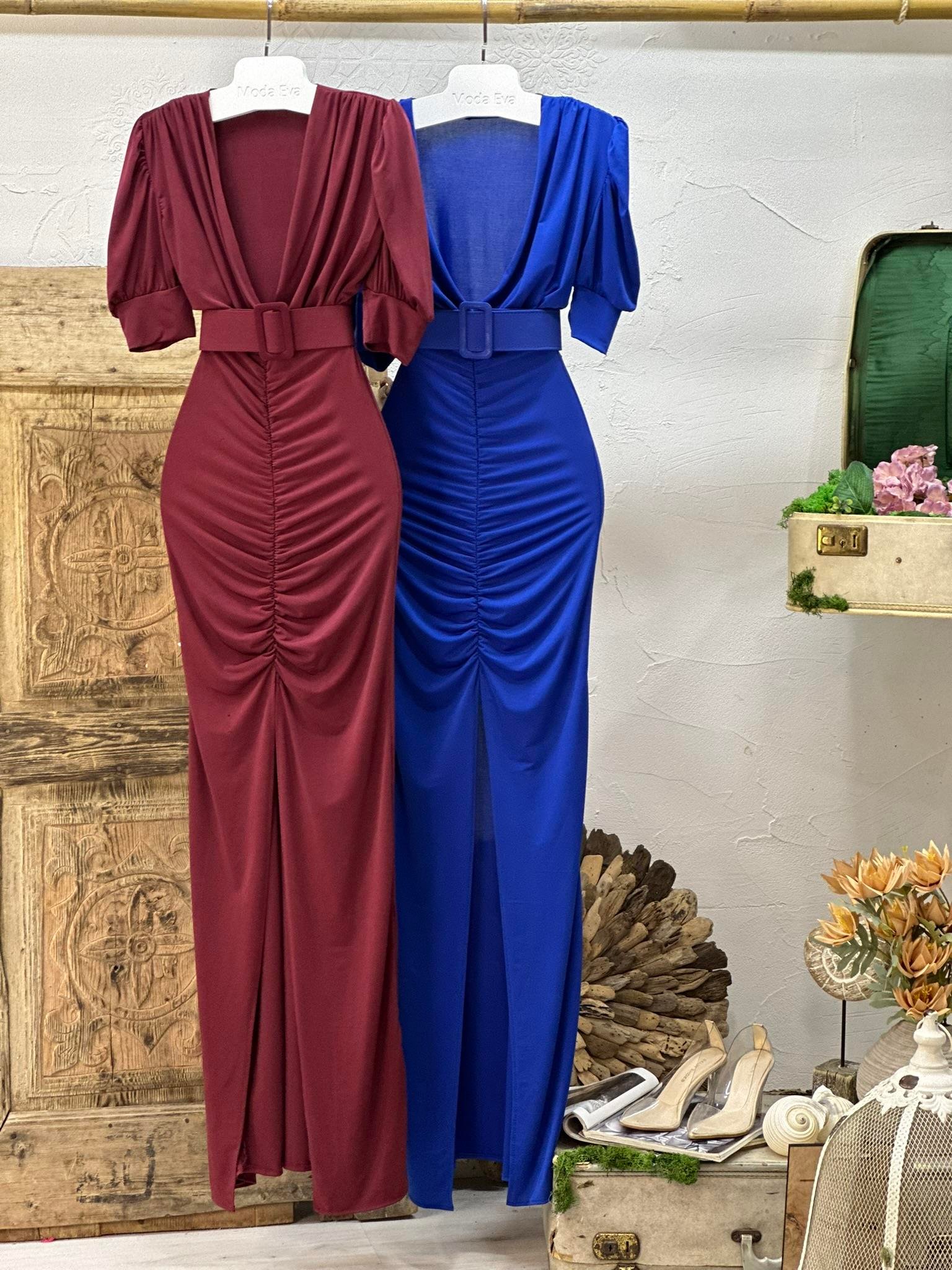 Sandy Kumaş Kaplama Kemerli Drapeli Uzun  Elbise