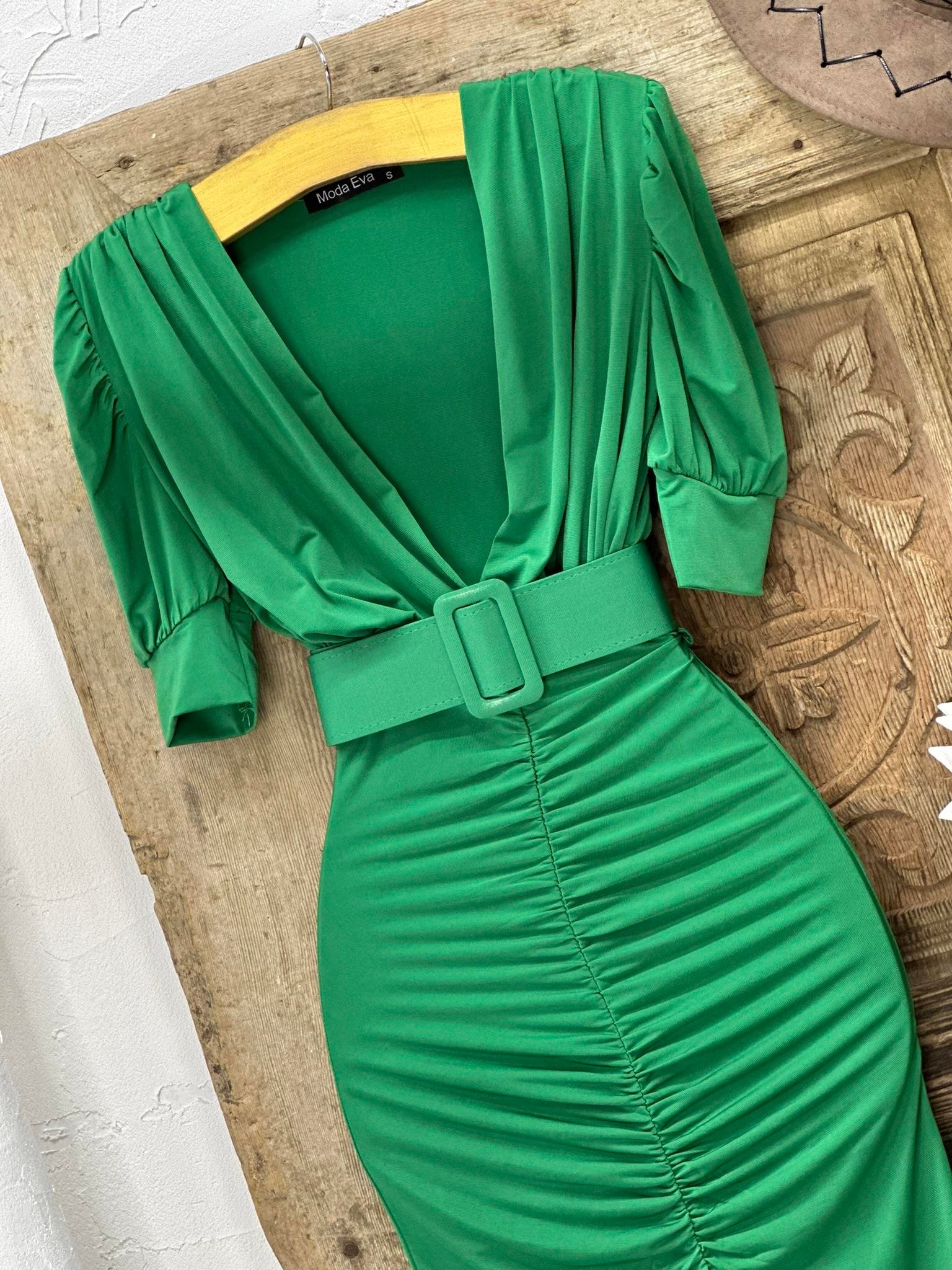 Sandy Kumaş Kaplama Kemerli Drapeli Uzun  Elbise